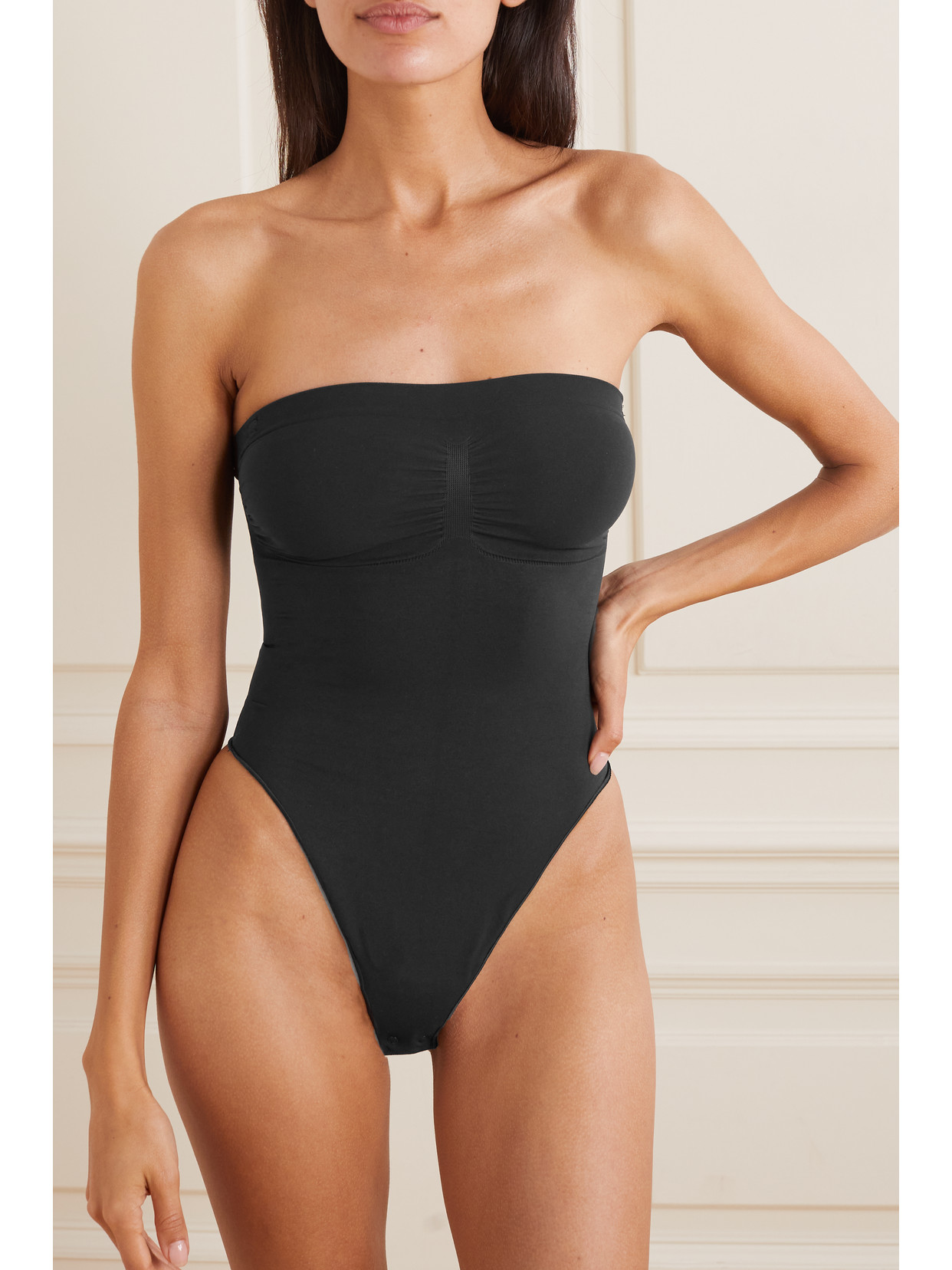 Shop Skims Seamless Sculpt Strapless Thong Bodysuit In Black