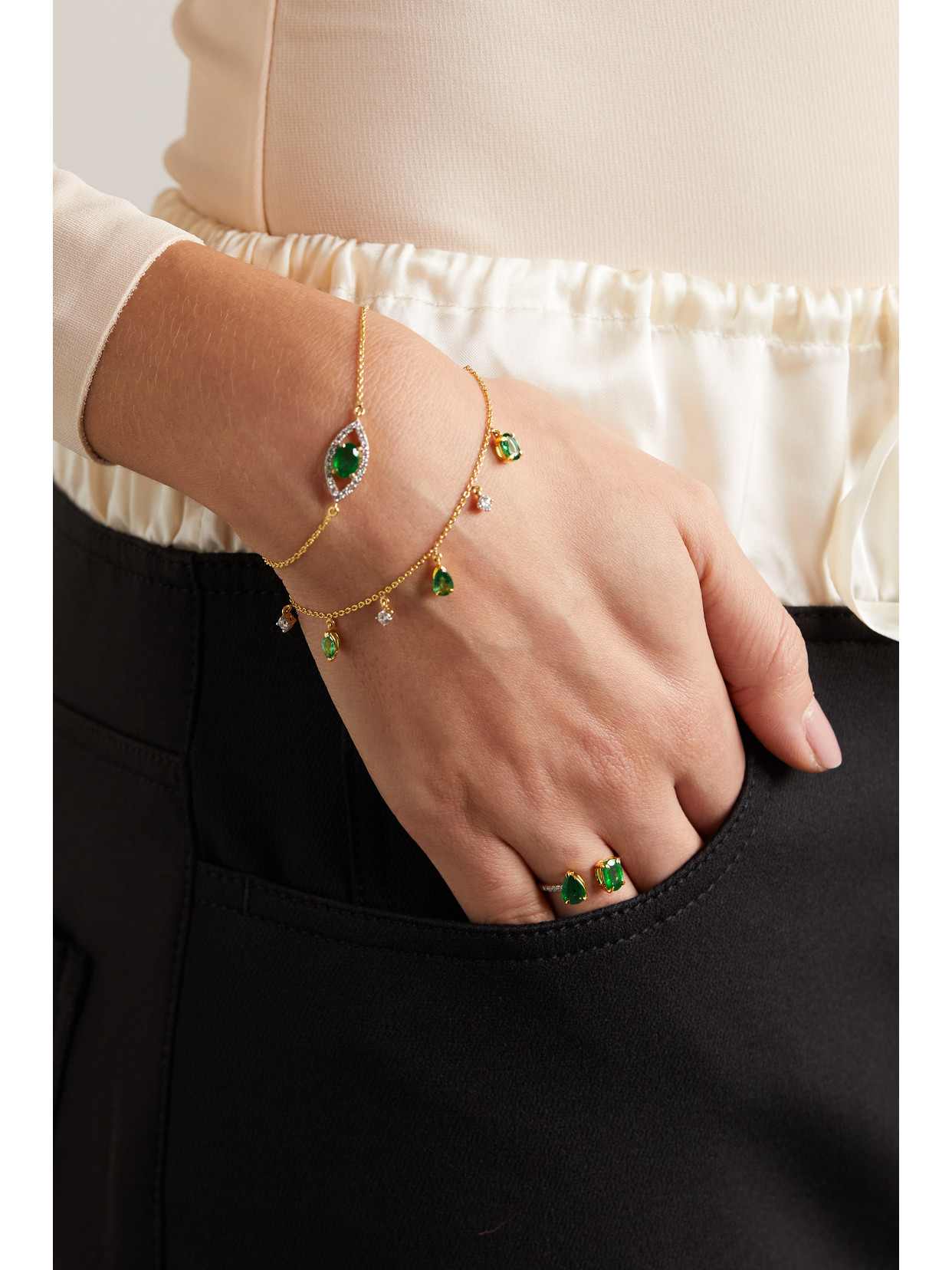 Shop House Of Meraki Vania 18-karat Gold, Emerald And Diamond Bracelet In Green