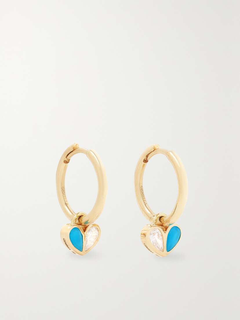 Gemella Sweetheart Huggies 18-karat Gold, Turquoise And Diamond Hoop Earrings