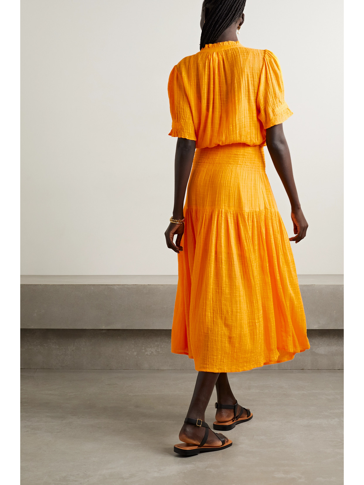 Apiece Apart Las Alturas Gathered Cotton-blend Voile Midi Dress In Orange