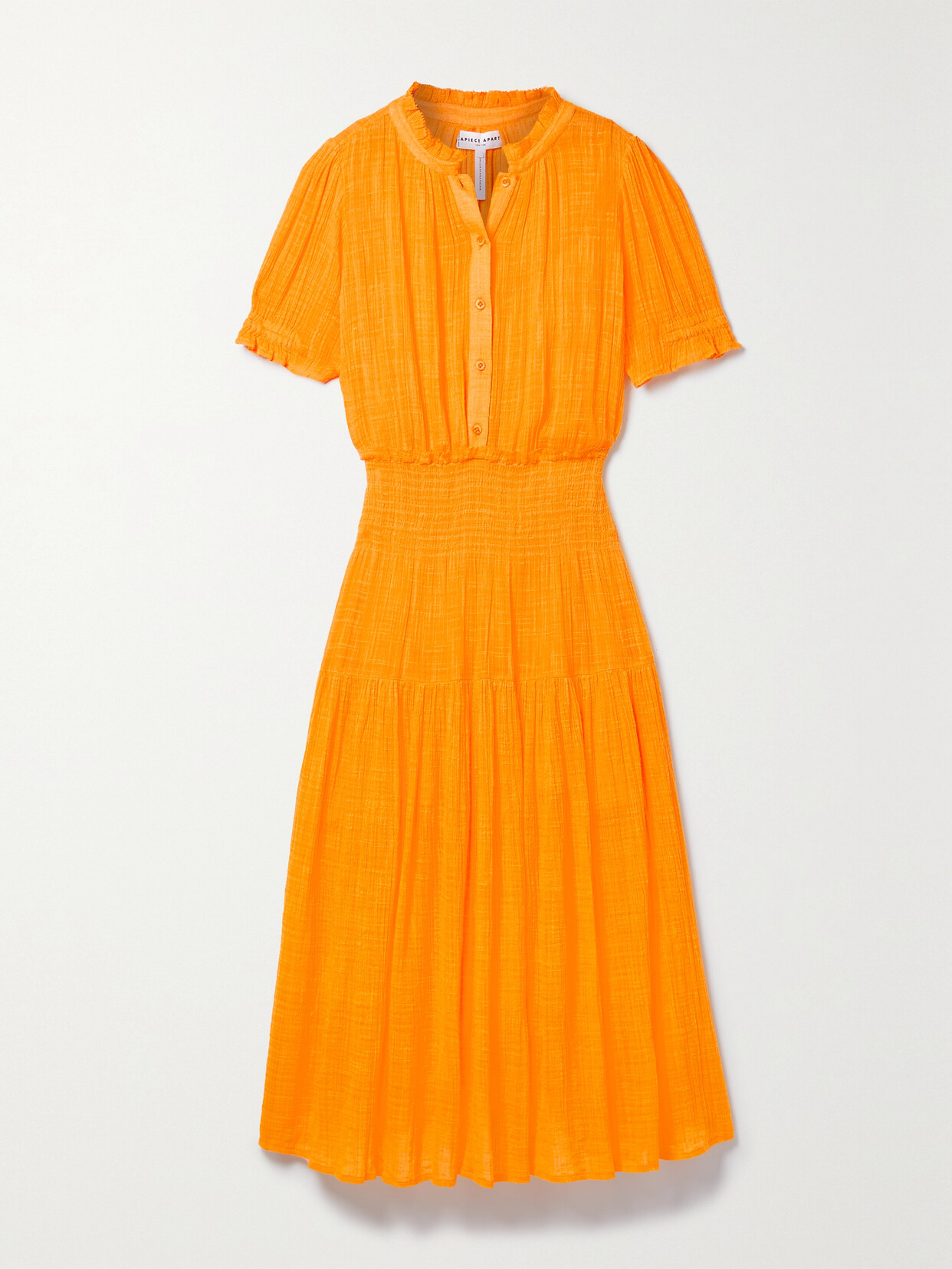 Apiece Apart Las Alturas Gathered Cotton-blend Voile Midi Dress In Orange