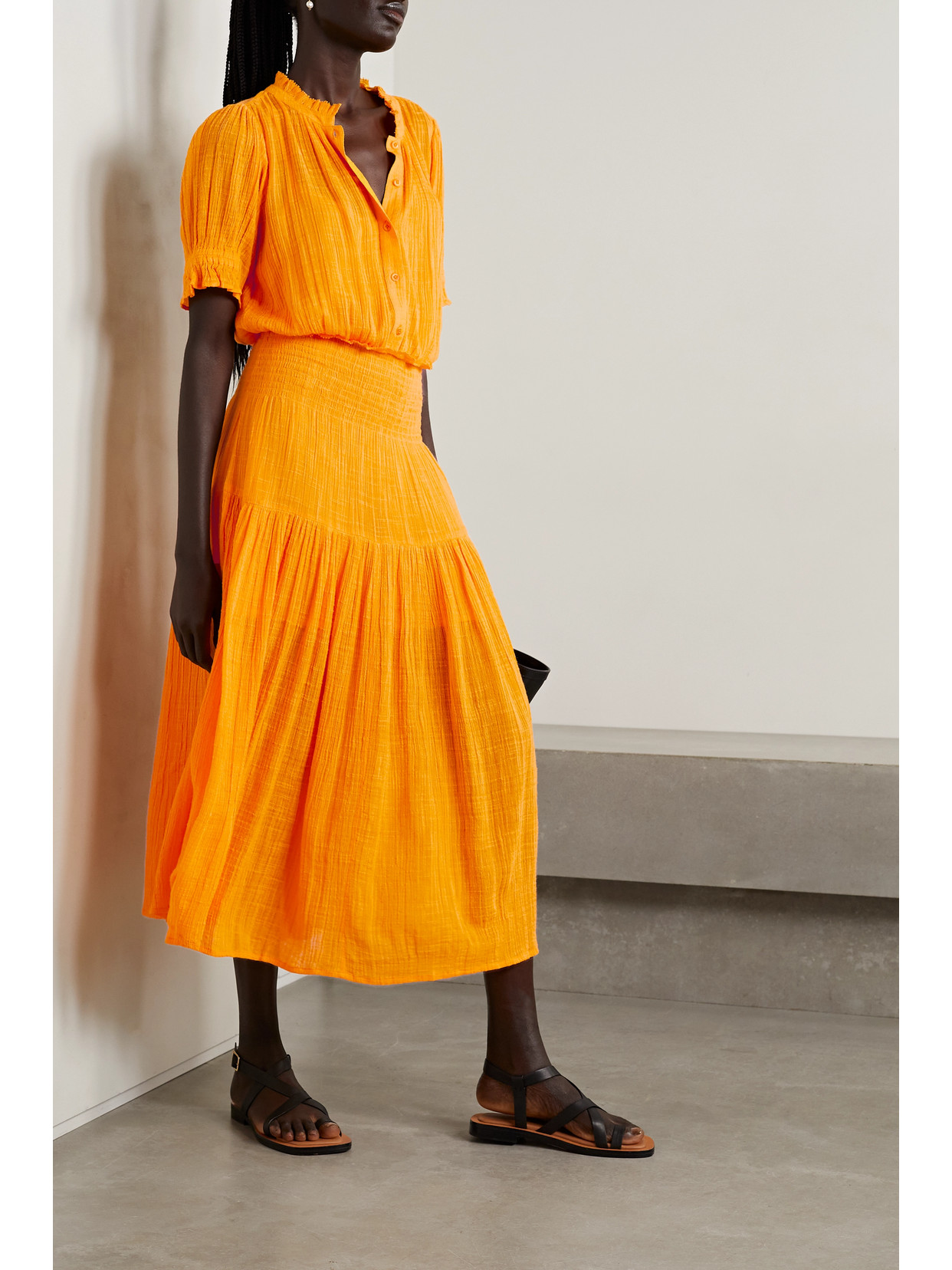 Apiece Apart Las Alturas Gathered Cotton-blend Voile Midi Dress In Orange