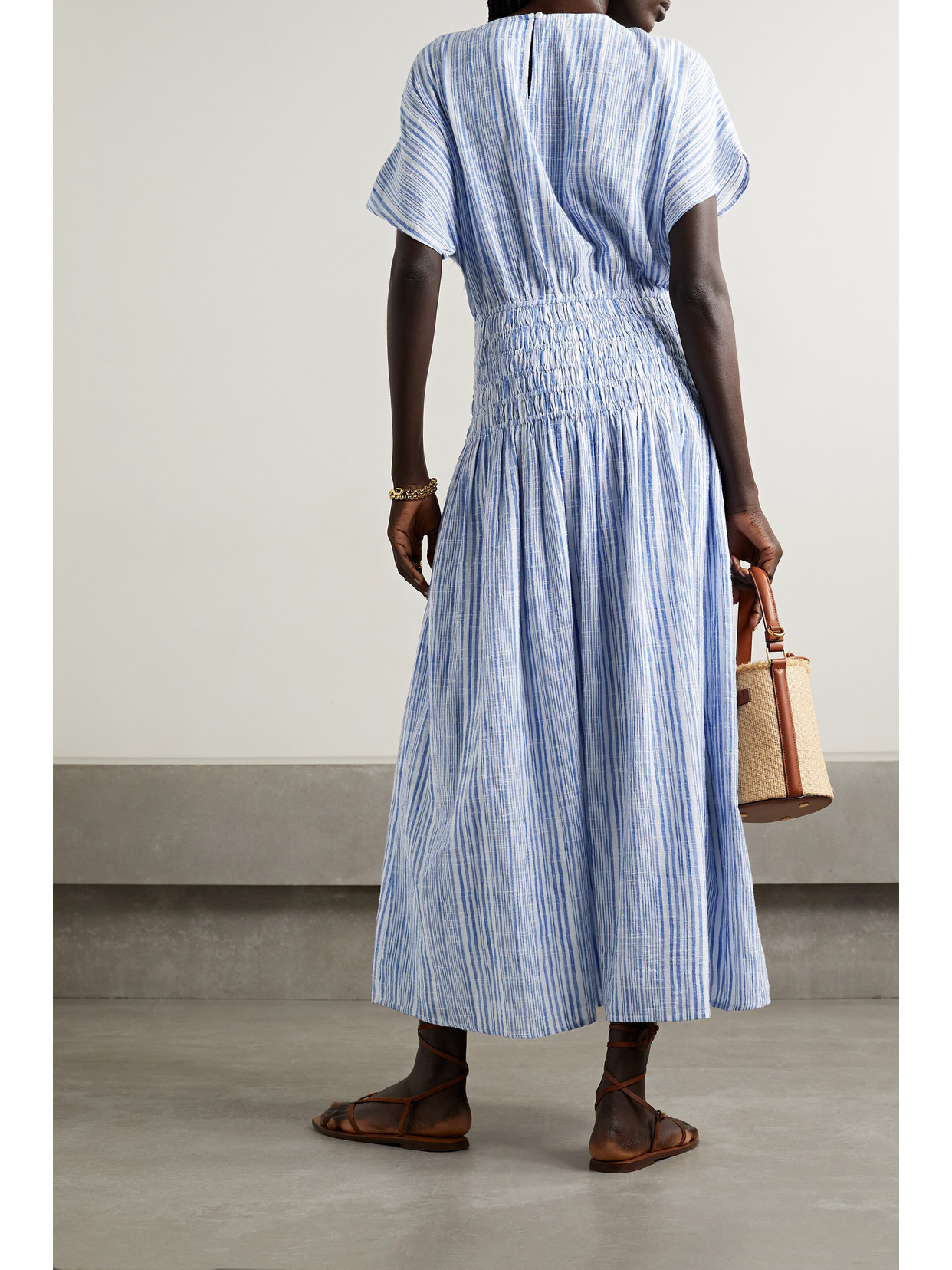 Apiece Apart Mana Gathered Striped Cotton-blend Voile Midi Dress In Blue