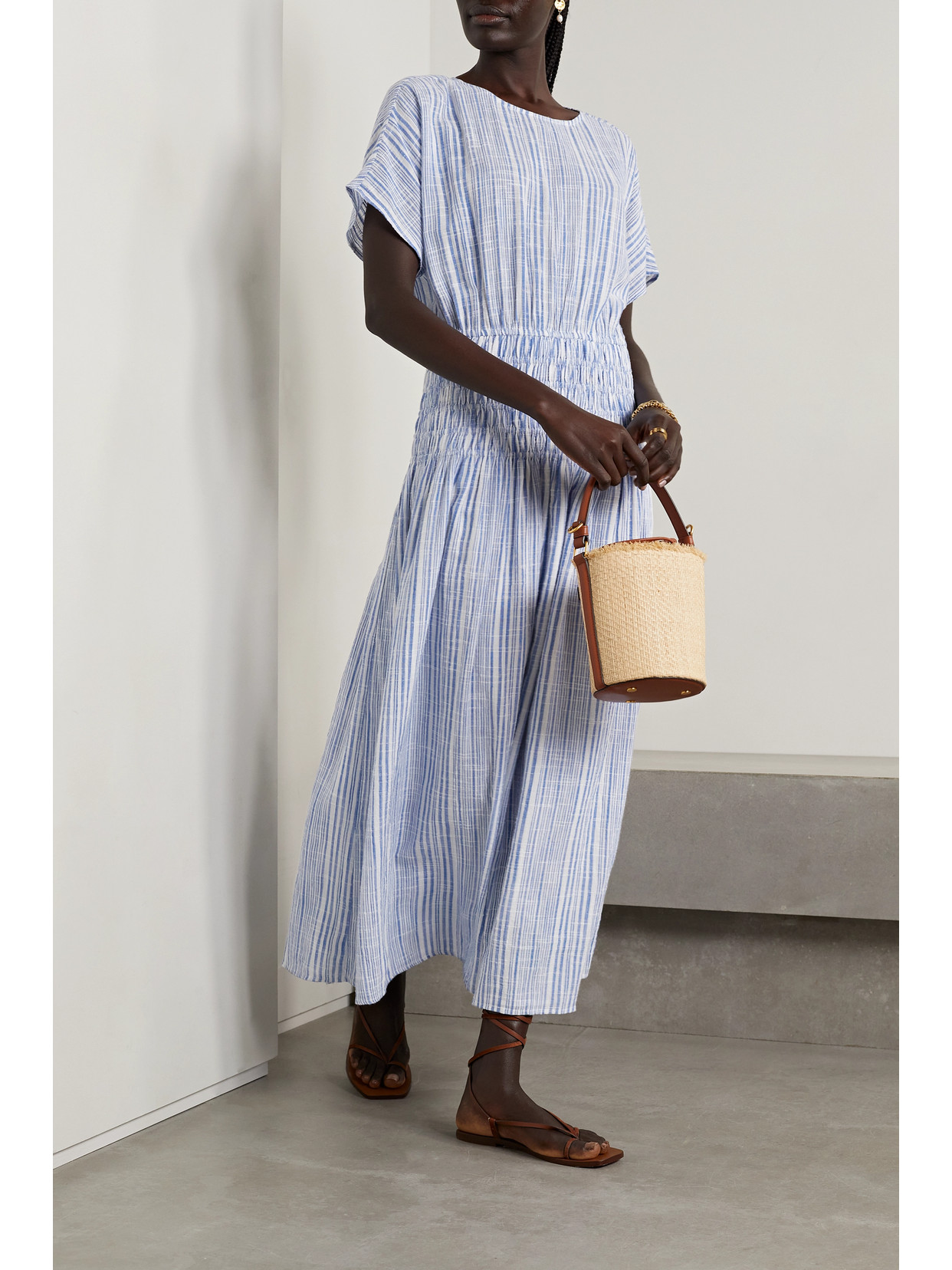 Apiece Apart Mana Gathered Striped Cotton-blend Voile Midi Dress In Blue