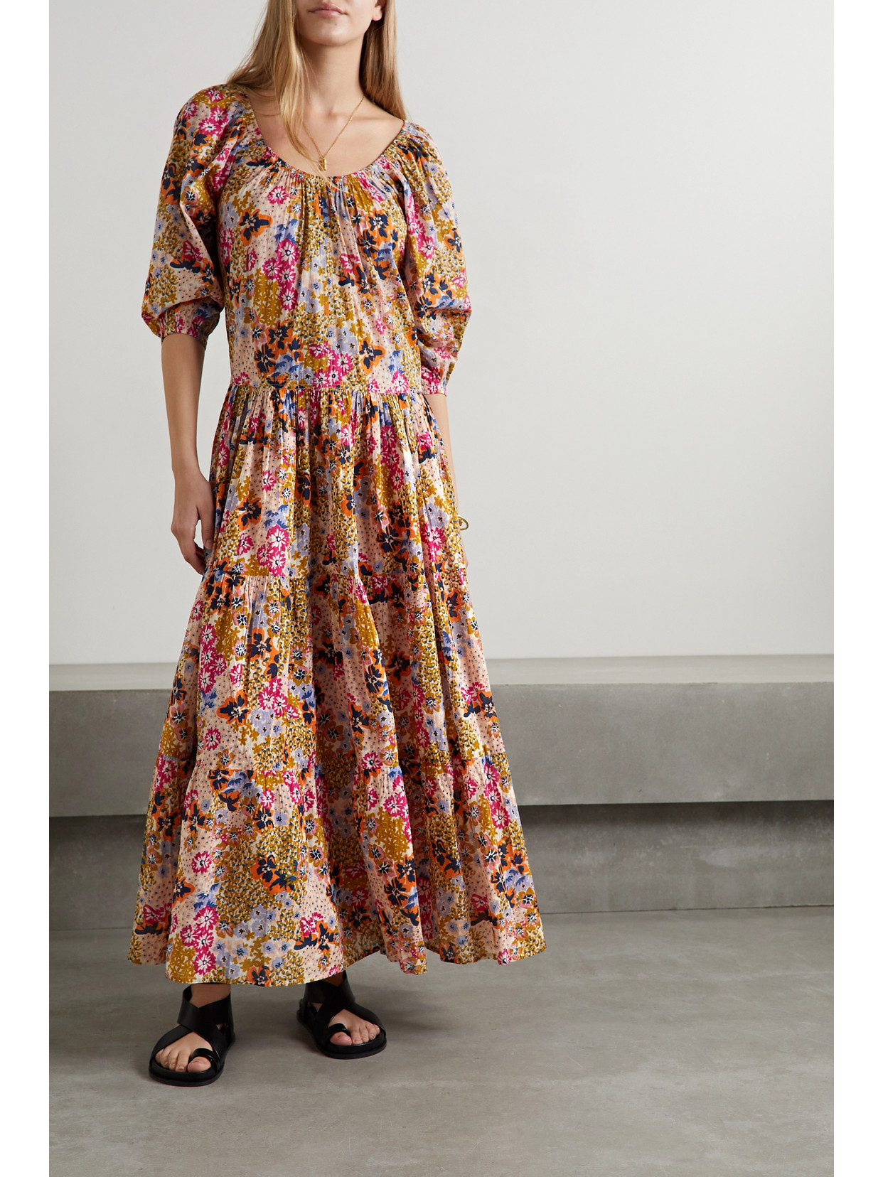 Apiece Apart Tilton Tiered Floral-print Cotton-voile Maxi Dress In Cream