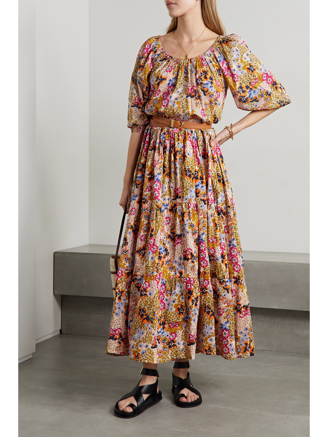 Apiece Apart Tilton Tiered Floral-print Cotton-voile Maxi Dress In Cream