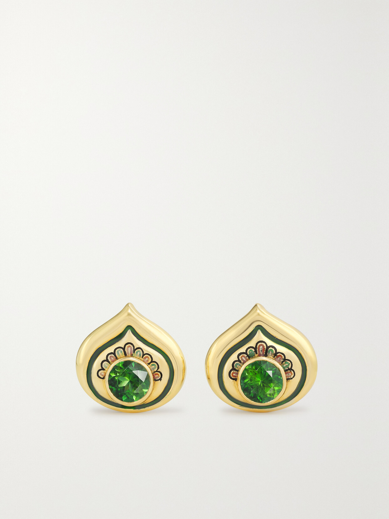 Elizabeth Gage - Peacock 18-karat Gold, Tourmaline And Enamel Clip Earrings - Green