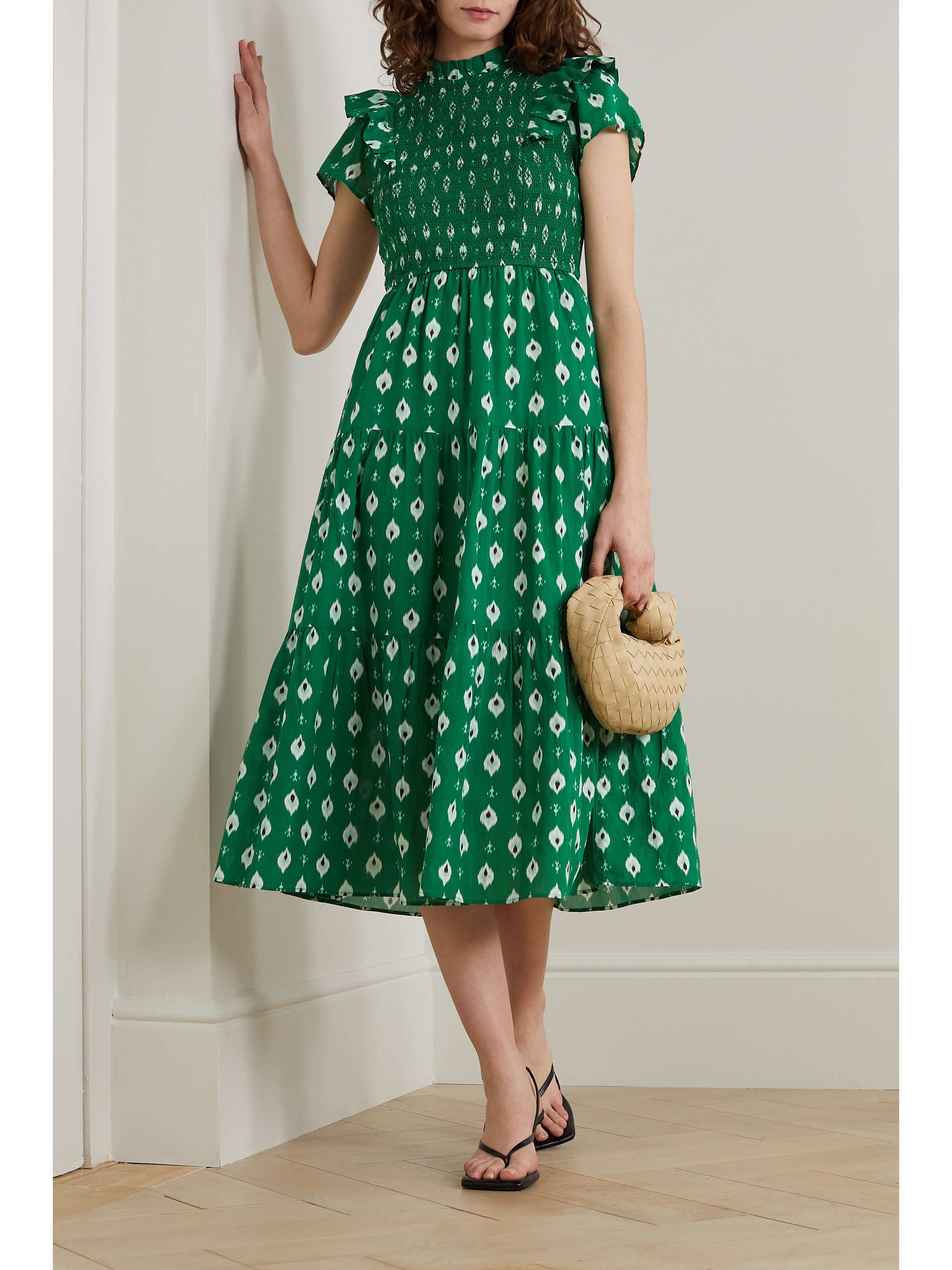 CEFINN Sabrina shirred tiered printed cotton-blend voile midi dress