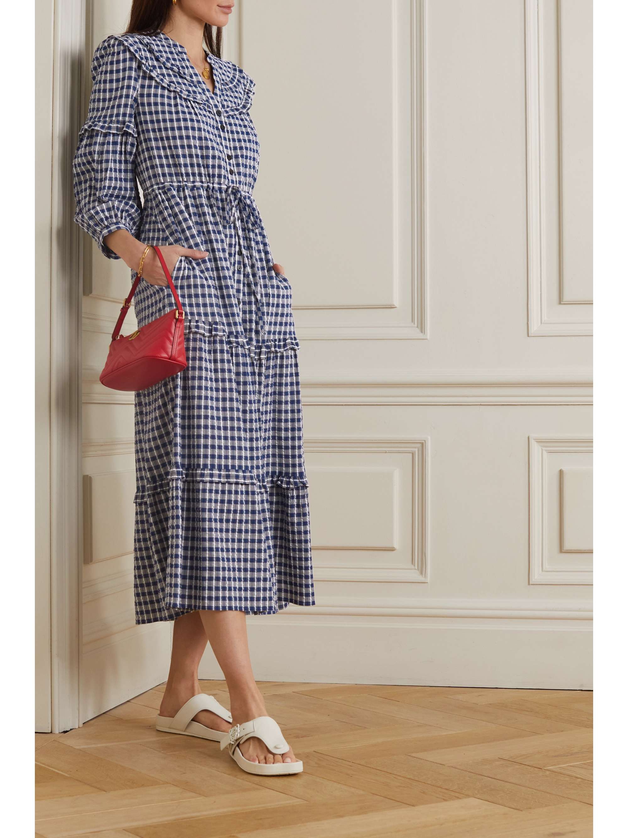 CEFINN Suki ruffled checked organic cotton-blend seersucker midi dress ...