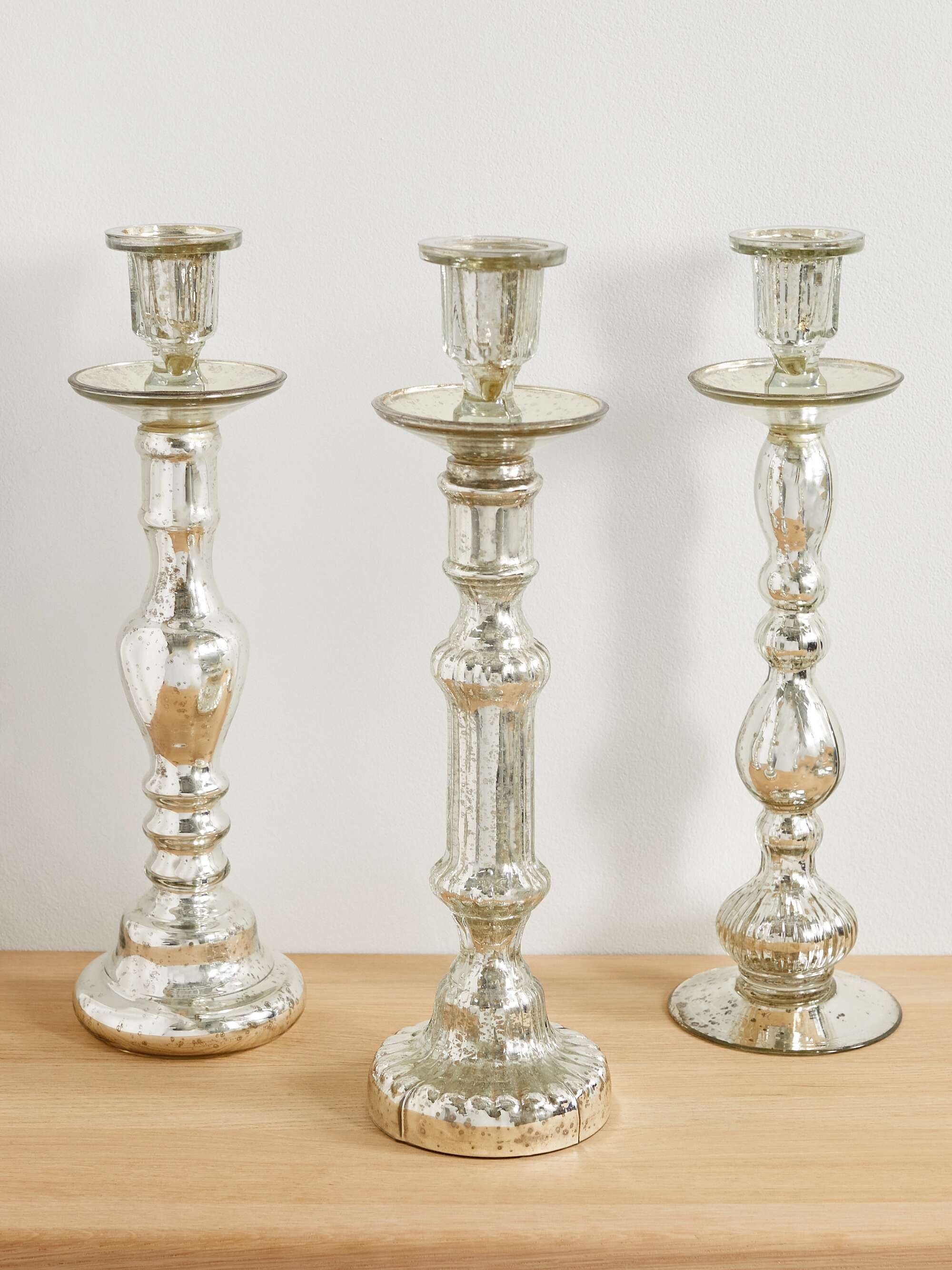 MRS. ALICE Tall set of three mercury glass candlestick holders NETA