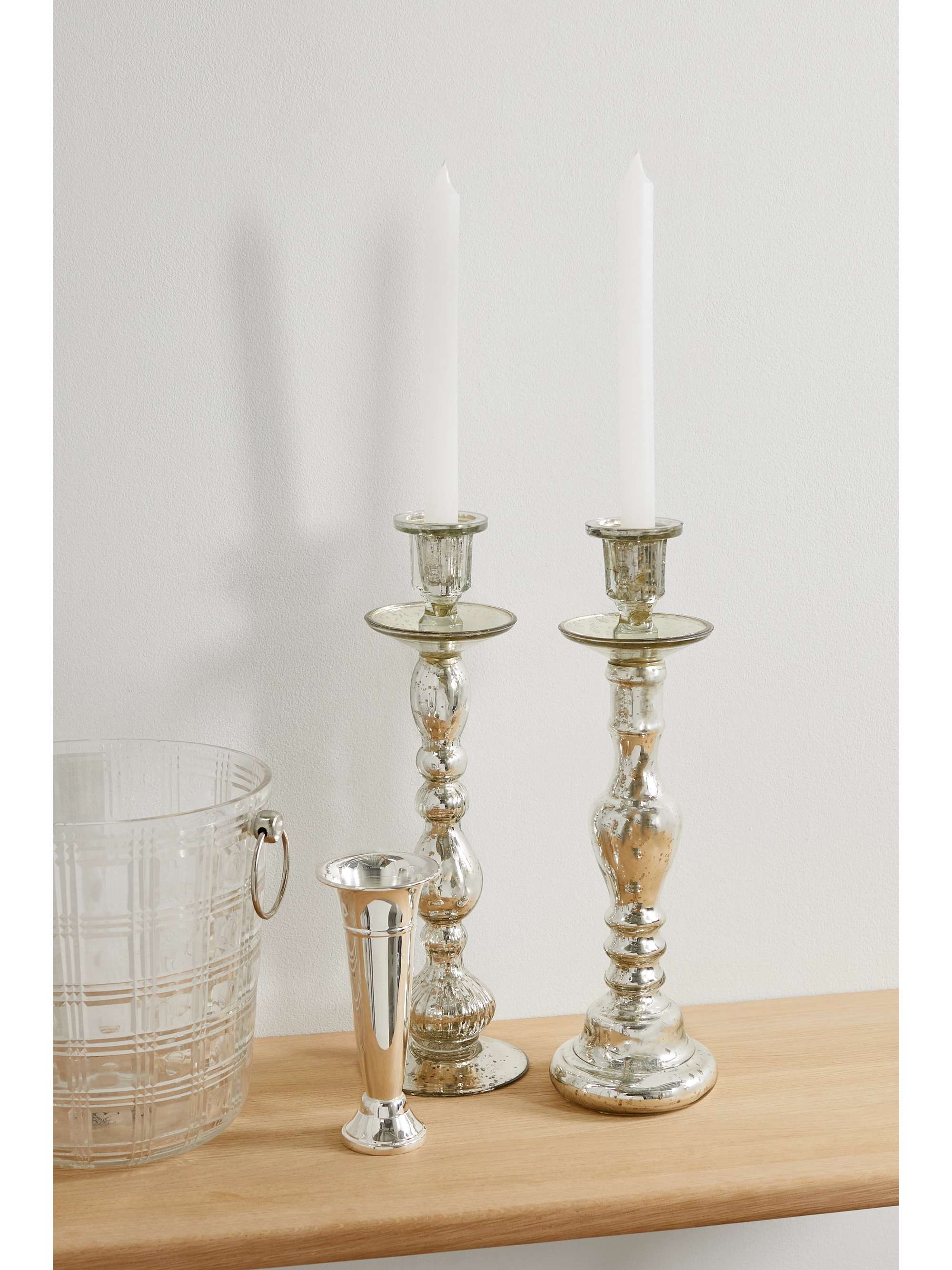 MRS. ALICE Tall set of three mercury glass candlestick holders NETA