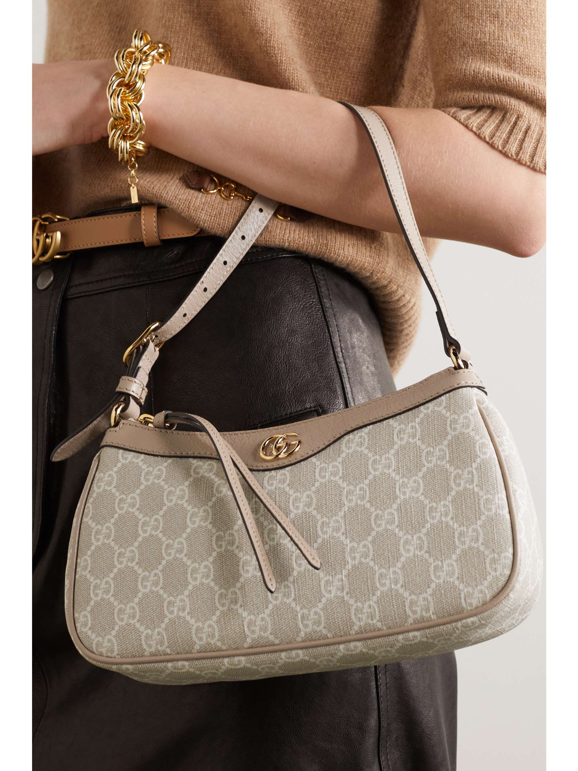 GUCCI Ophidia embellished textured leather-trimmed printed coated-canvas shoulder bag
