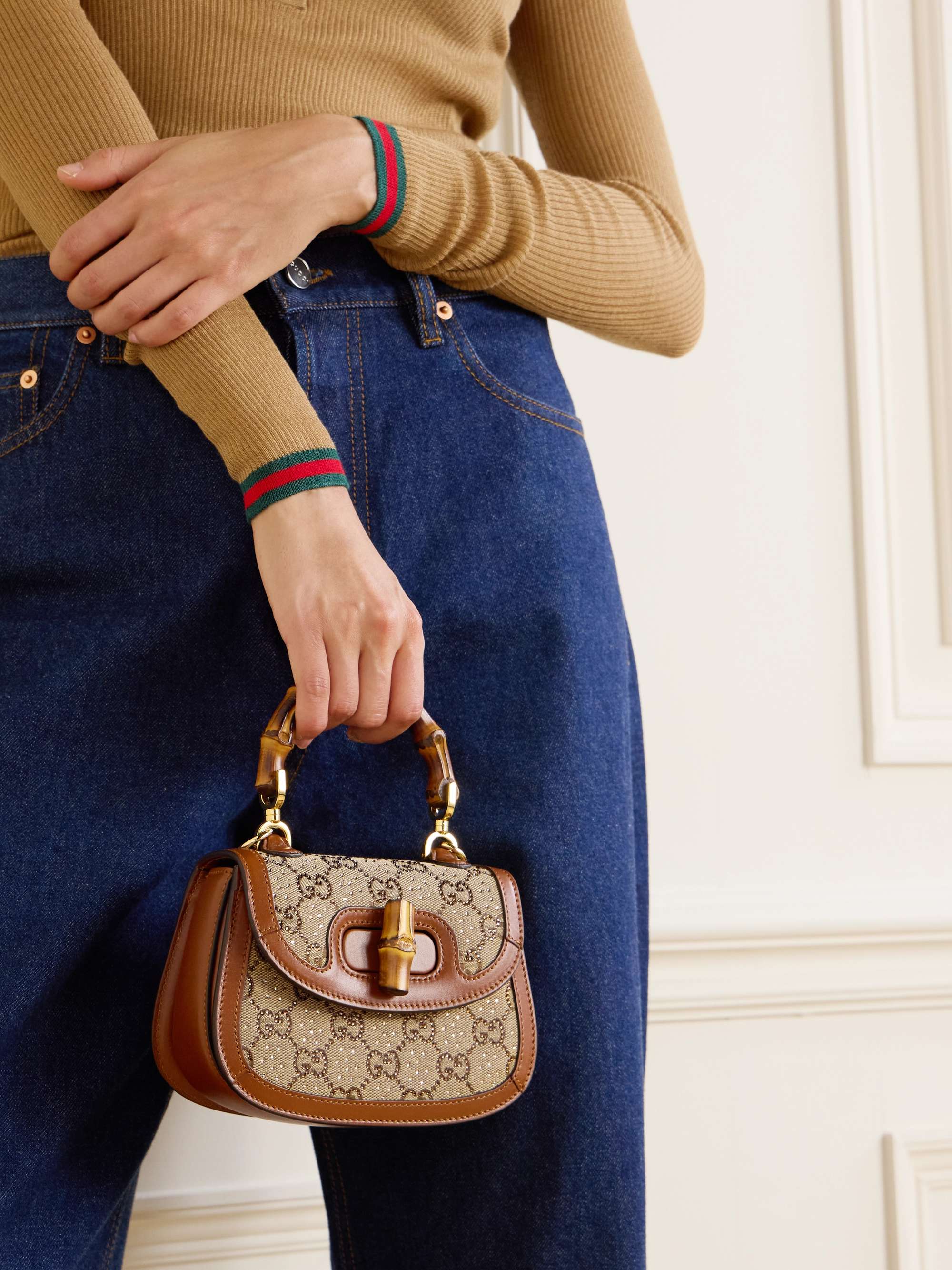 GUCCI Sac porté épaule en toile et en cuir à cristaux Gucci Bamboo 1947 Mini