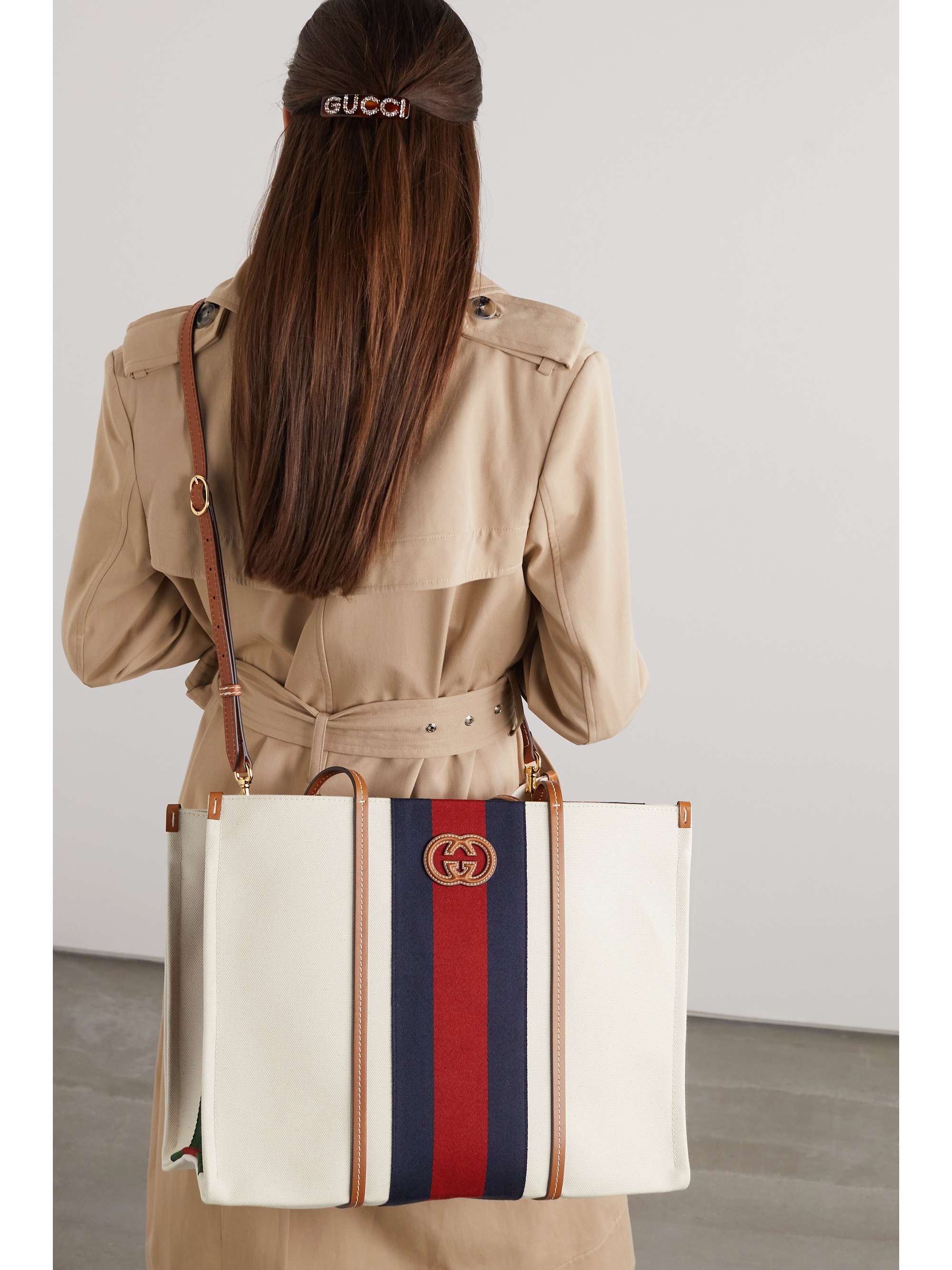 GUCCI Canvas  leathertrimmed striped cottoncanvas tote NETAPORTER