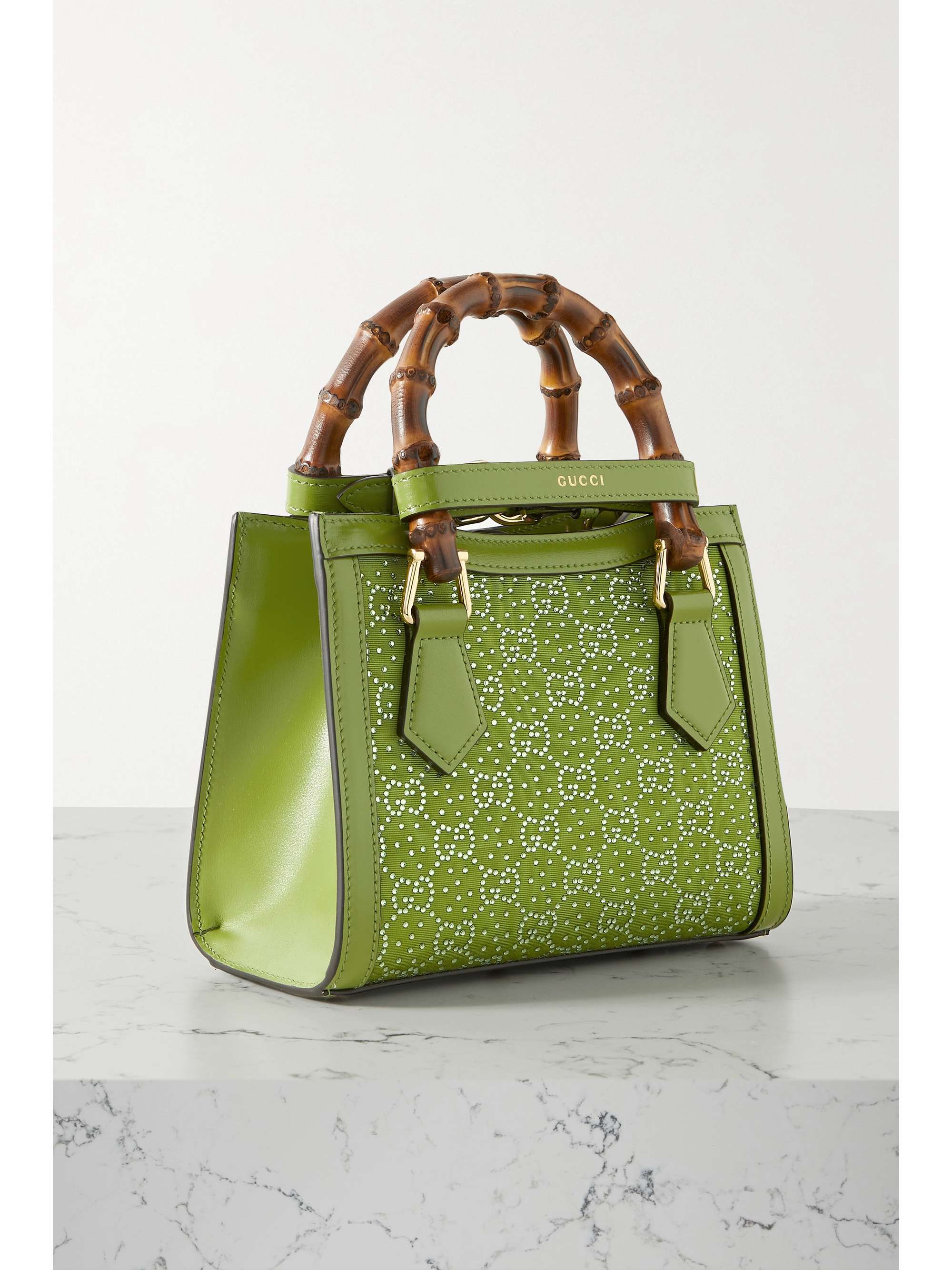 GUCCI Mini Rich leather-trimmed crystal-embellished faille shoulder bag