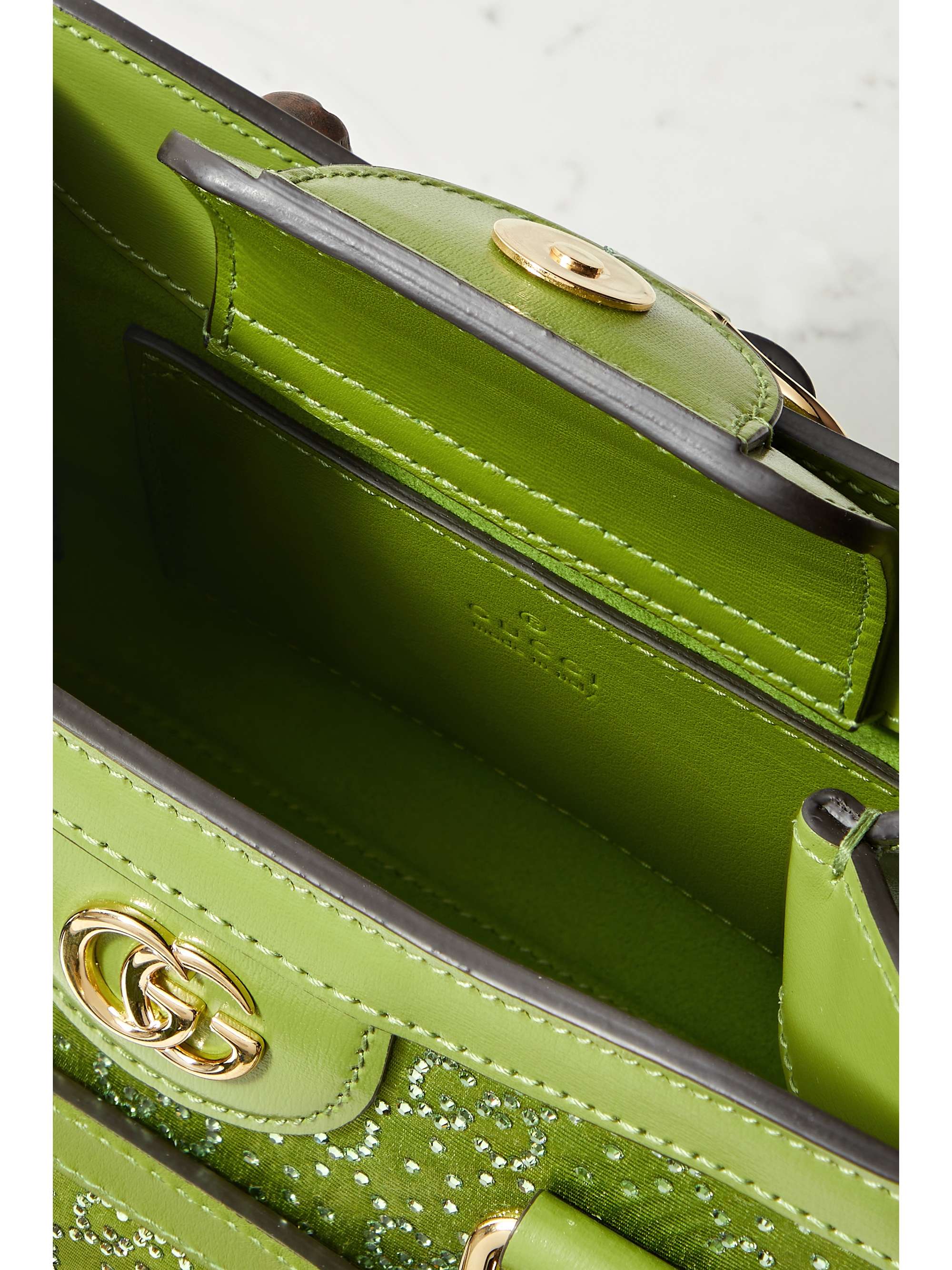 GUCCI Mini Rich leather-trimmed crystal-embellished faille shoulder bag