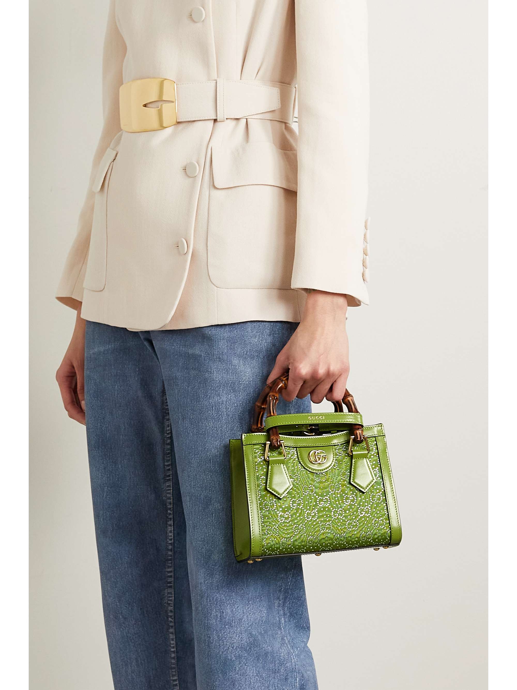 GUCCI Mini Rich leather-trimmed crystal-embellished faille shoulder bag