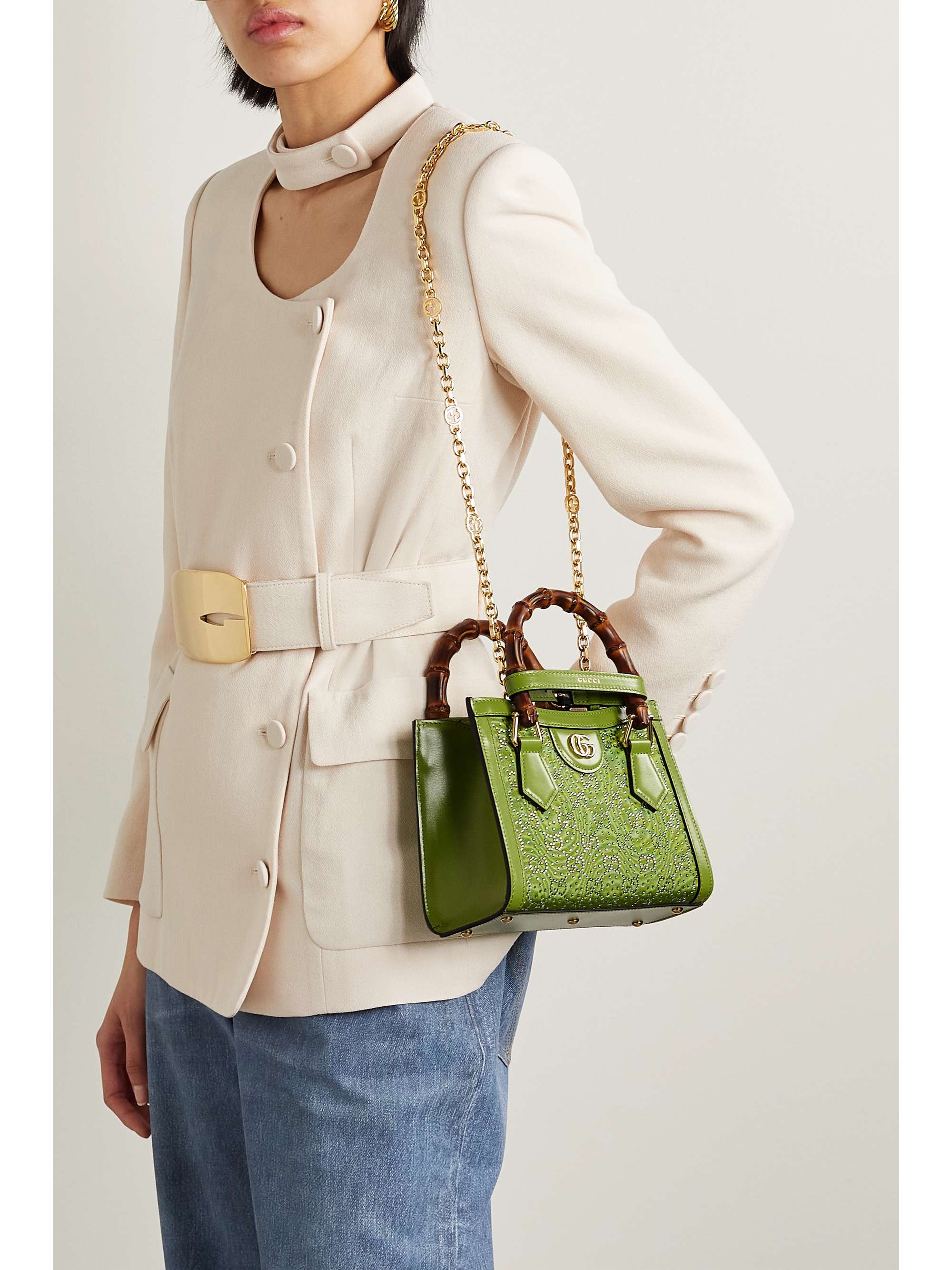 GUCCI Mini Rich leather-trimmed crystal-embellished faille shoulder bag