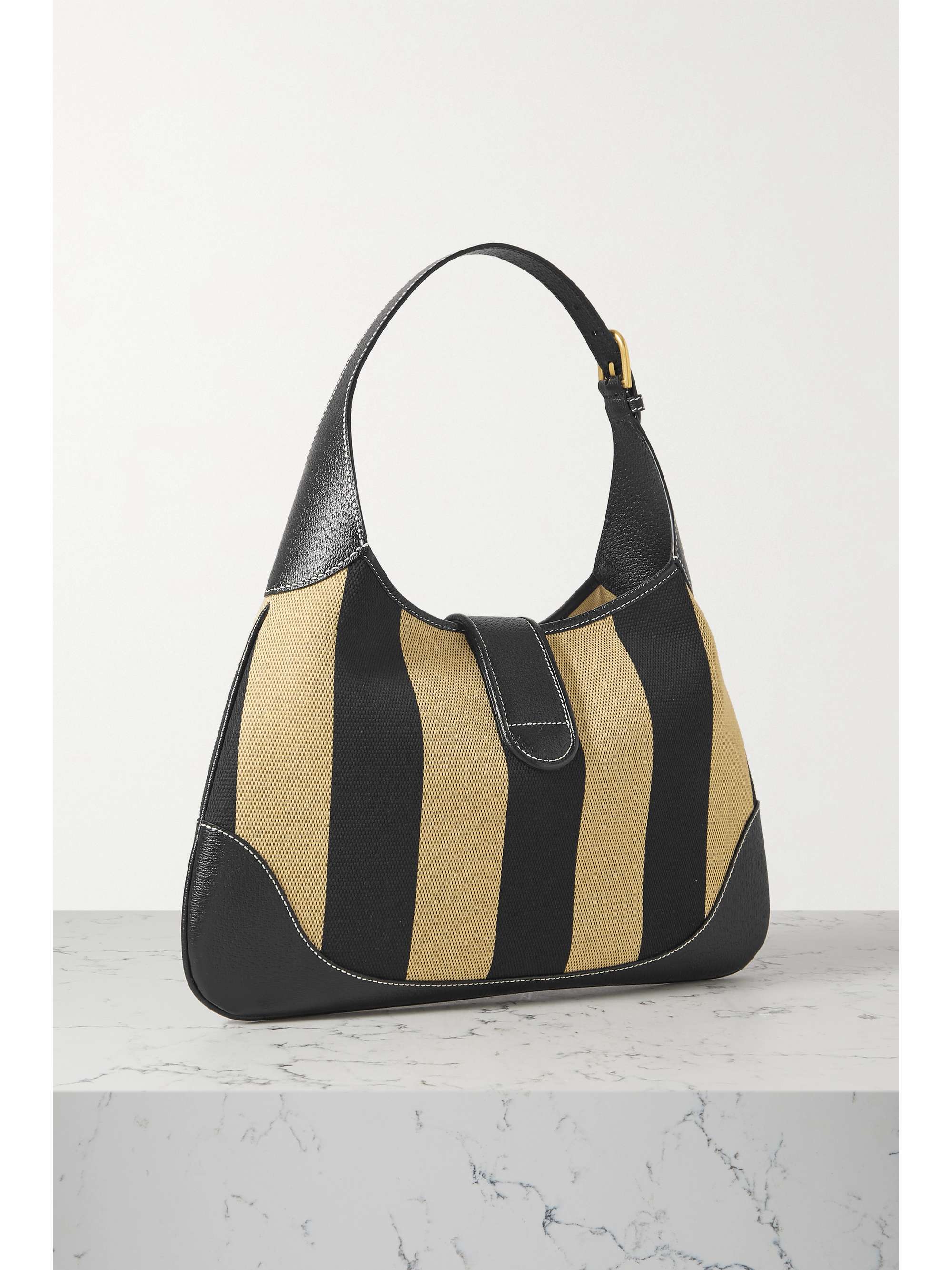 GUCCI Aphrodite striped leather-trimmed cotton-canvas shoulder bag