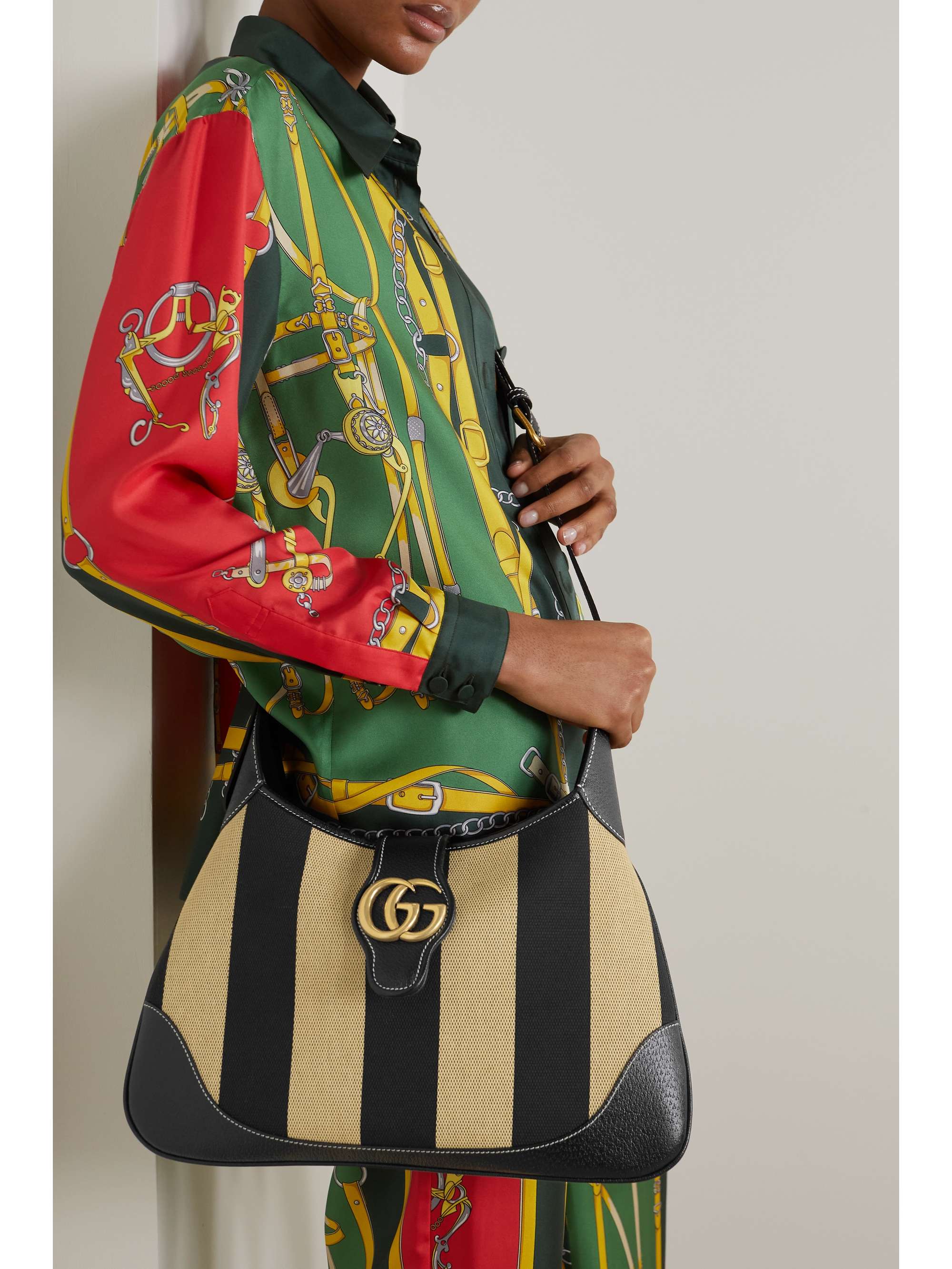 GUCCI Aphrodite striped leather-trimmed cotton-canvas shoulder bag