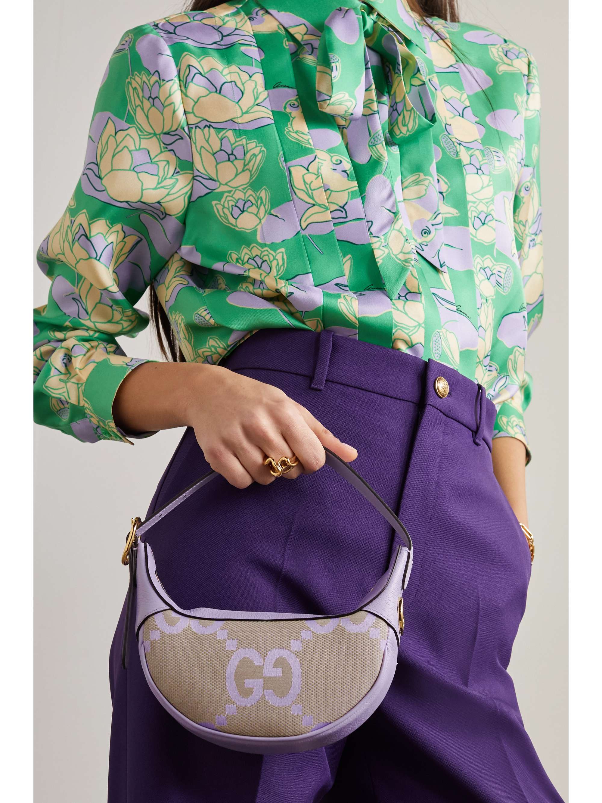 GUCCI Ophidia mini textured-leather trimmed canvas-jacquard shoulder bag