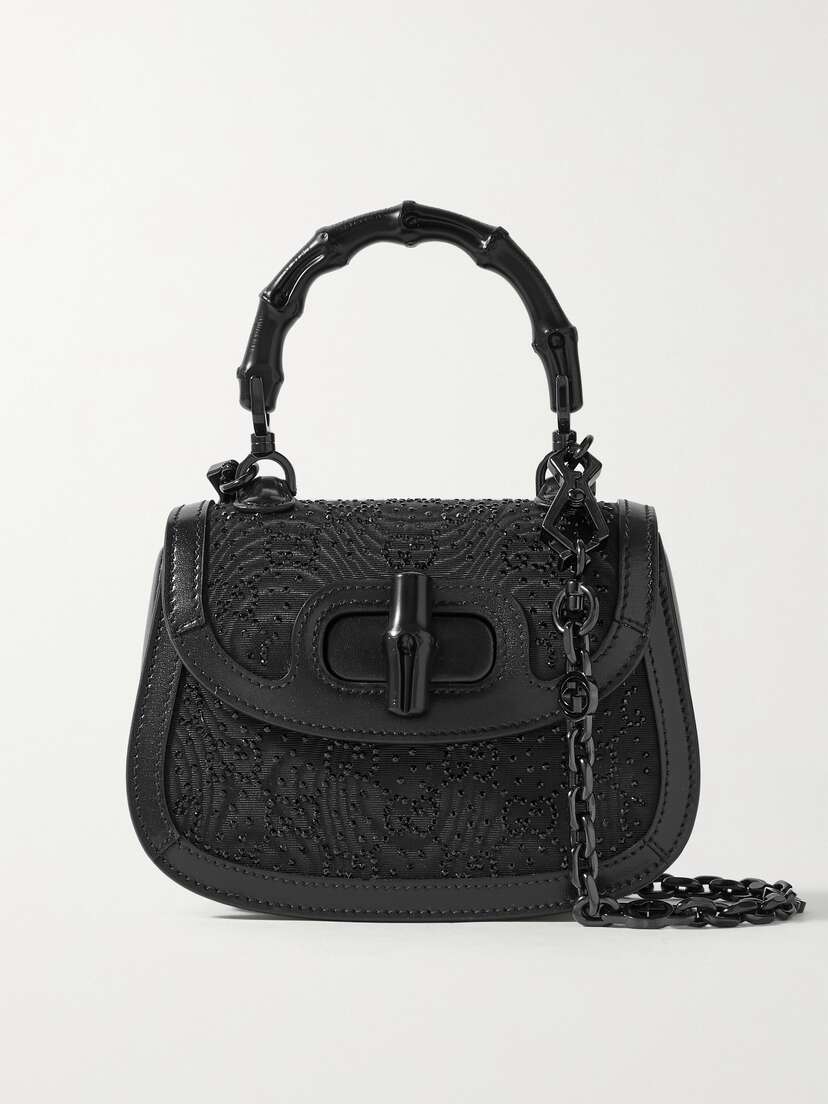 Gucci Bamboo 1947 Mini Leather-trimmed Crystal-embellished Moire Shoulder Bag