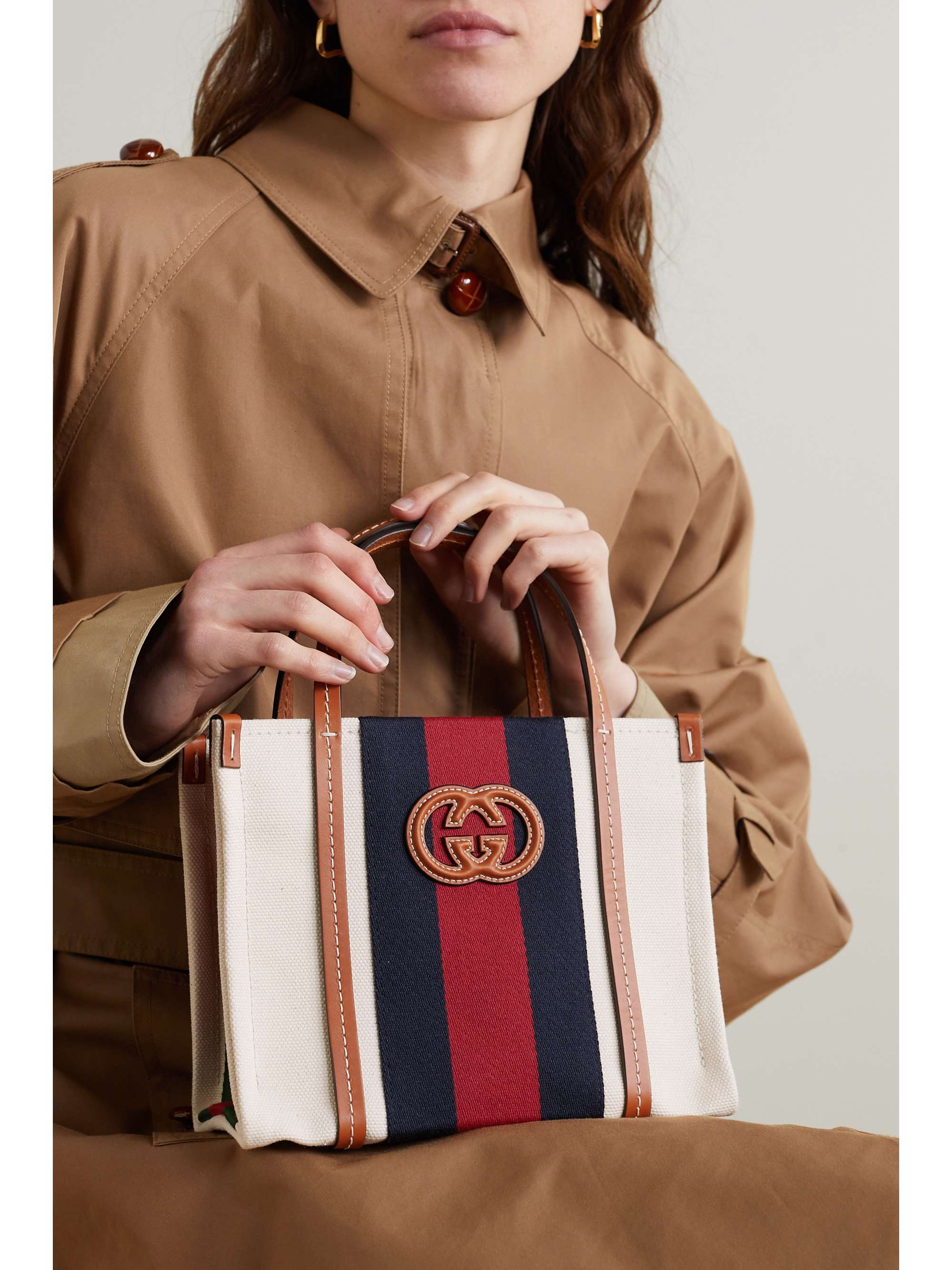 GUCCI Canvas Web leather and webbing-trimmed canvas tote