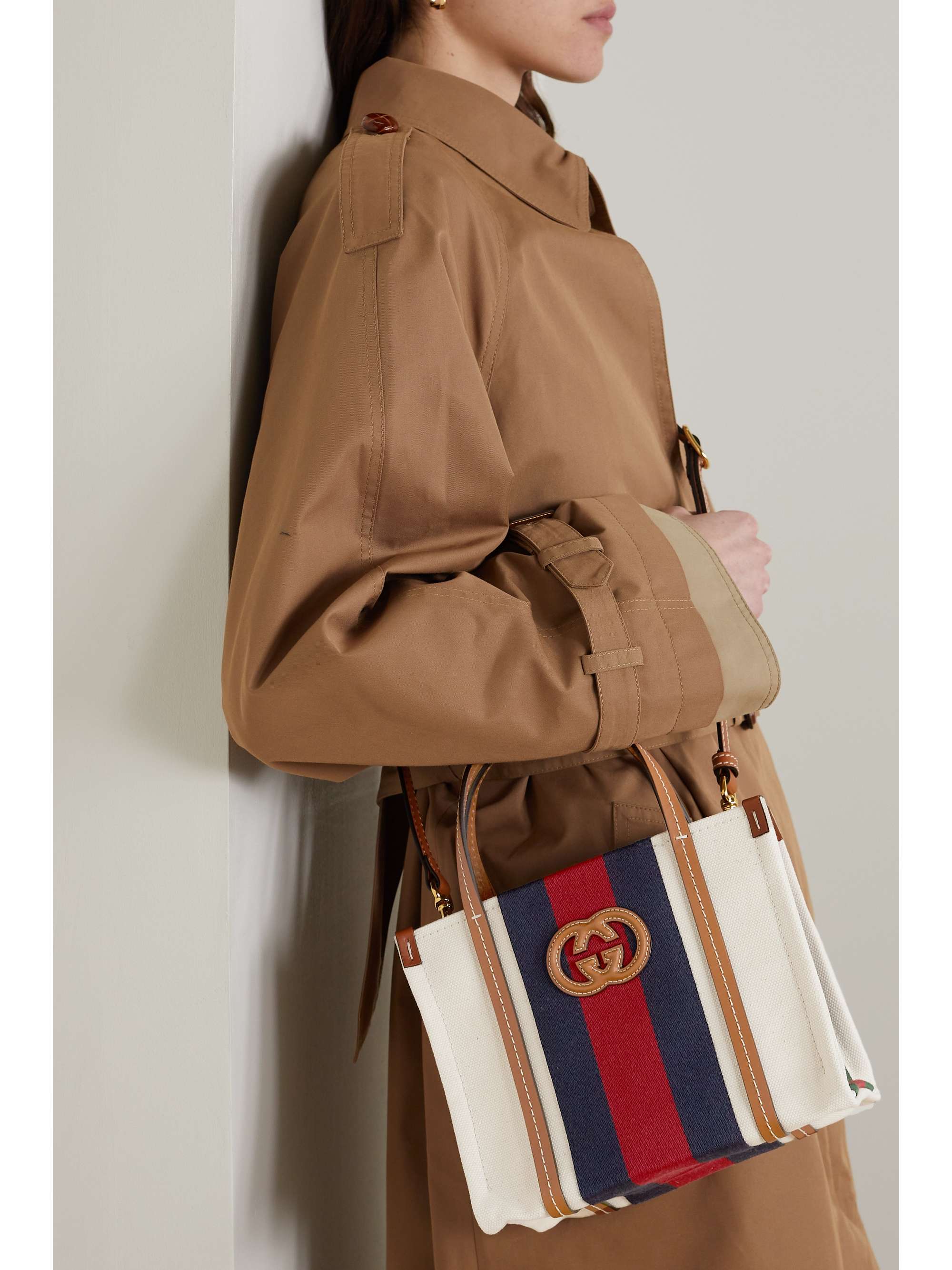GUCCI Canvas Web leather and webbing-trimmed canvas tote