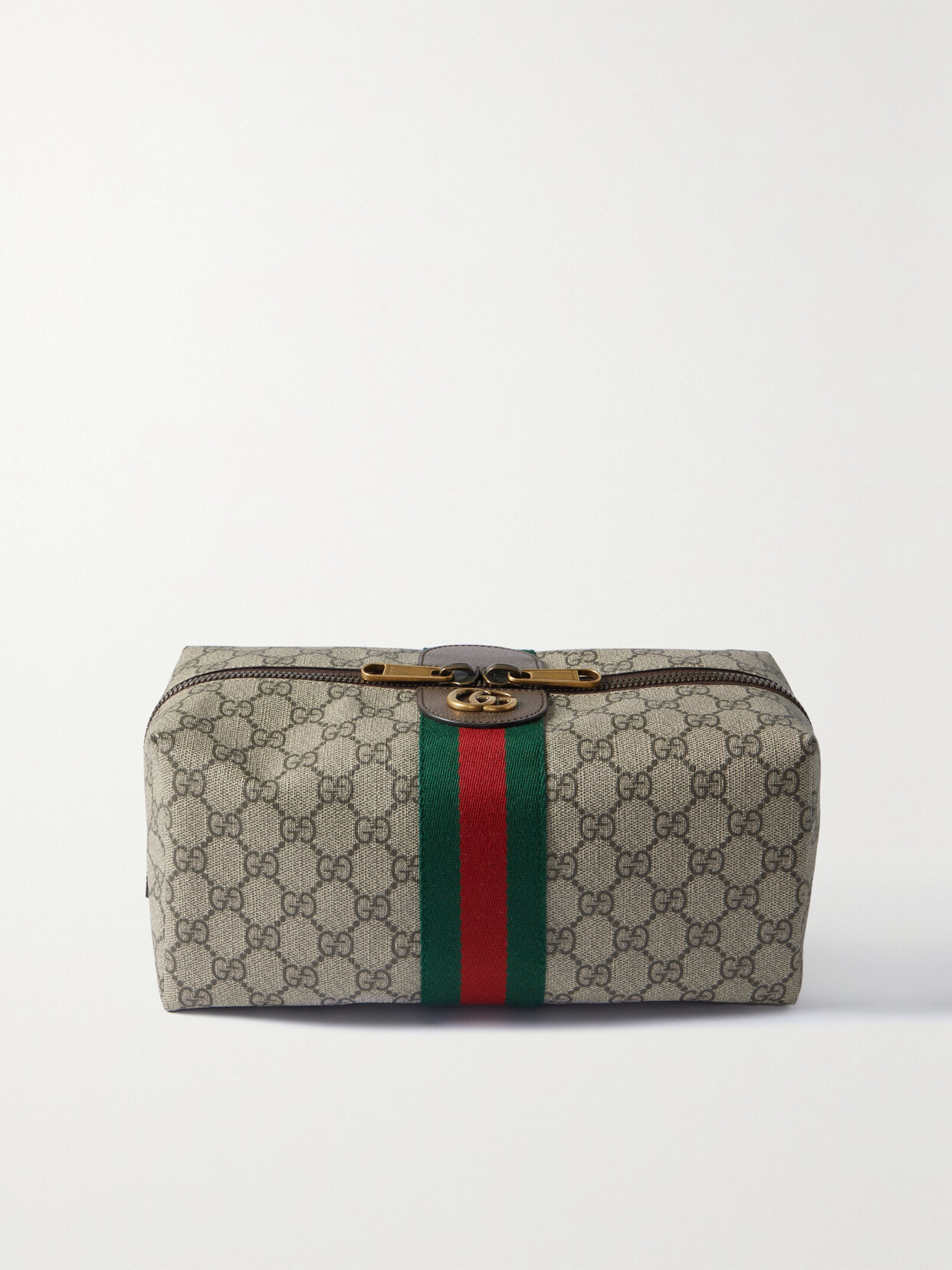 Gucci Leather-trimmed Coated-canvas Jacquard Cosmetics Case In Brown