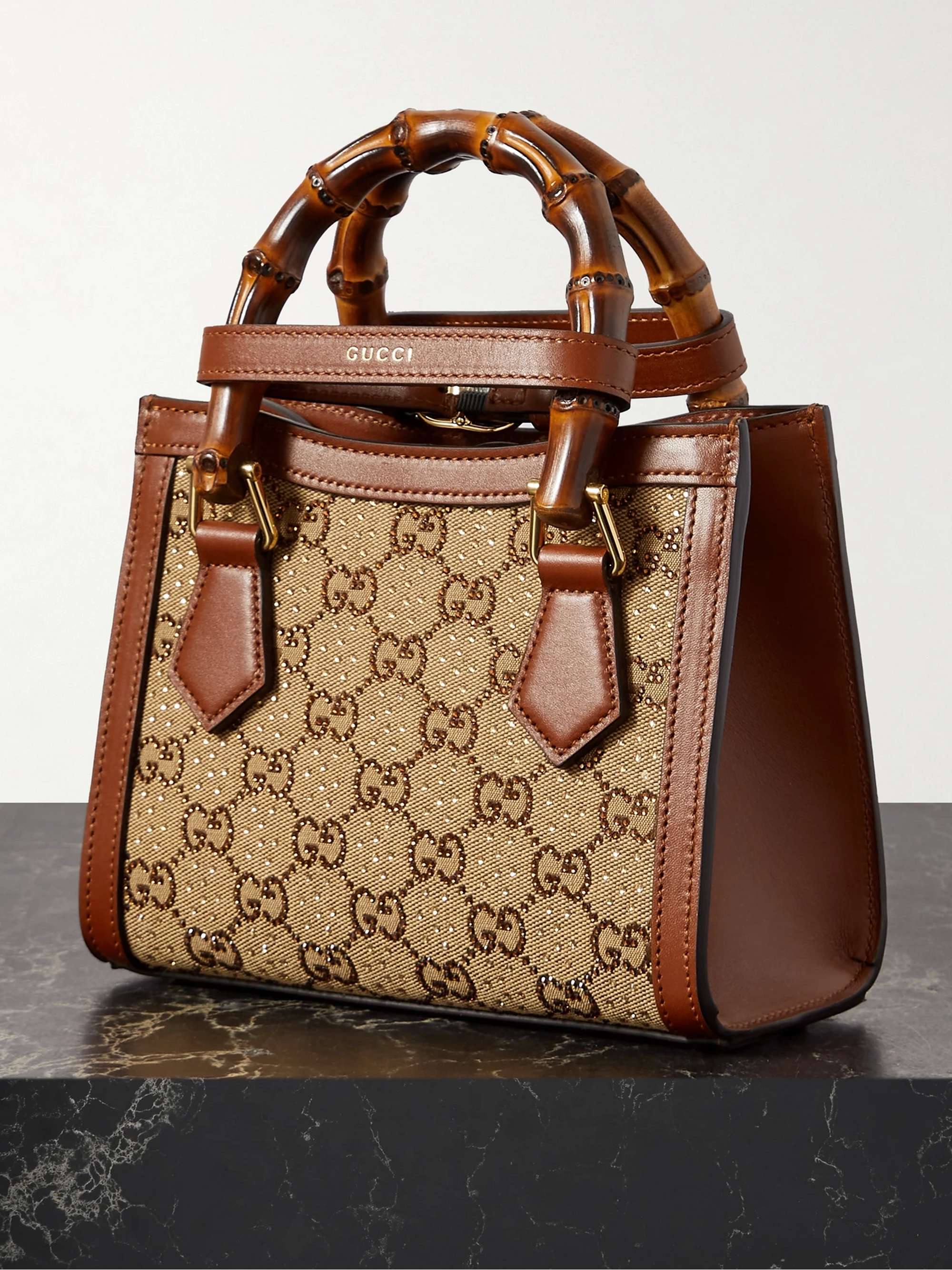 GUCCI Diana mini leather-trimmed crystal-embellished canvas-jacquard tote