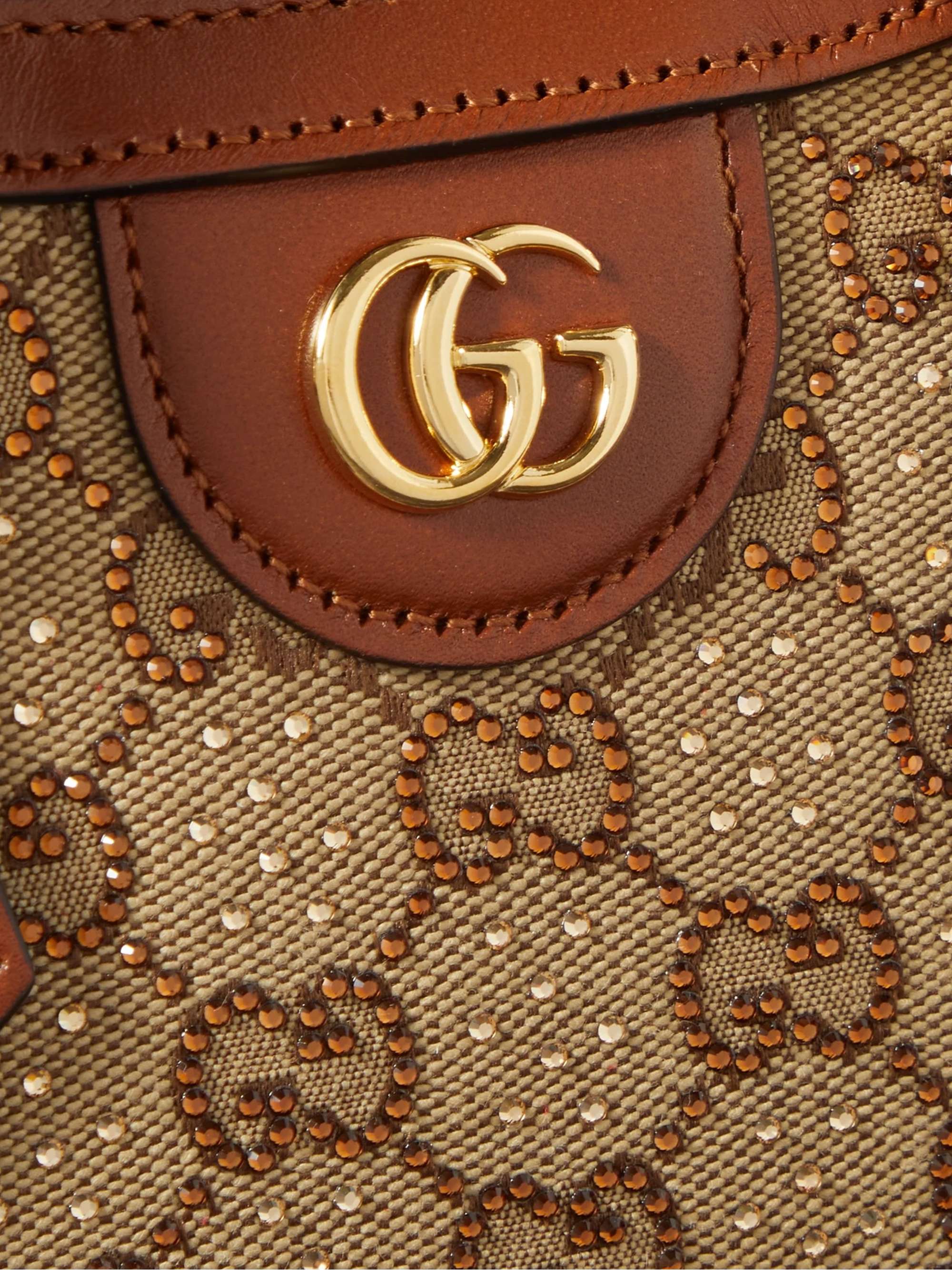 GUCCI Diana mini leather-trimmed crystal-embellished canvas-jacquard tote