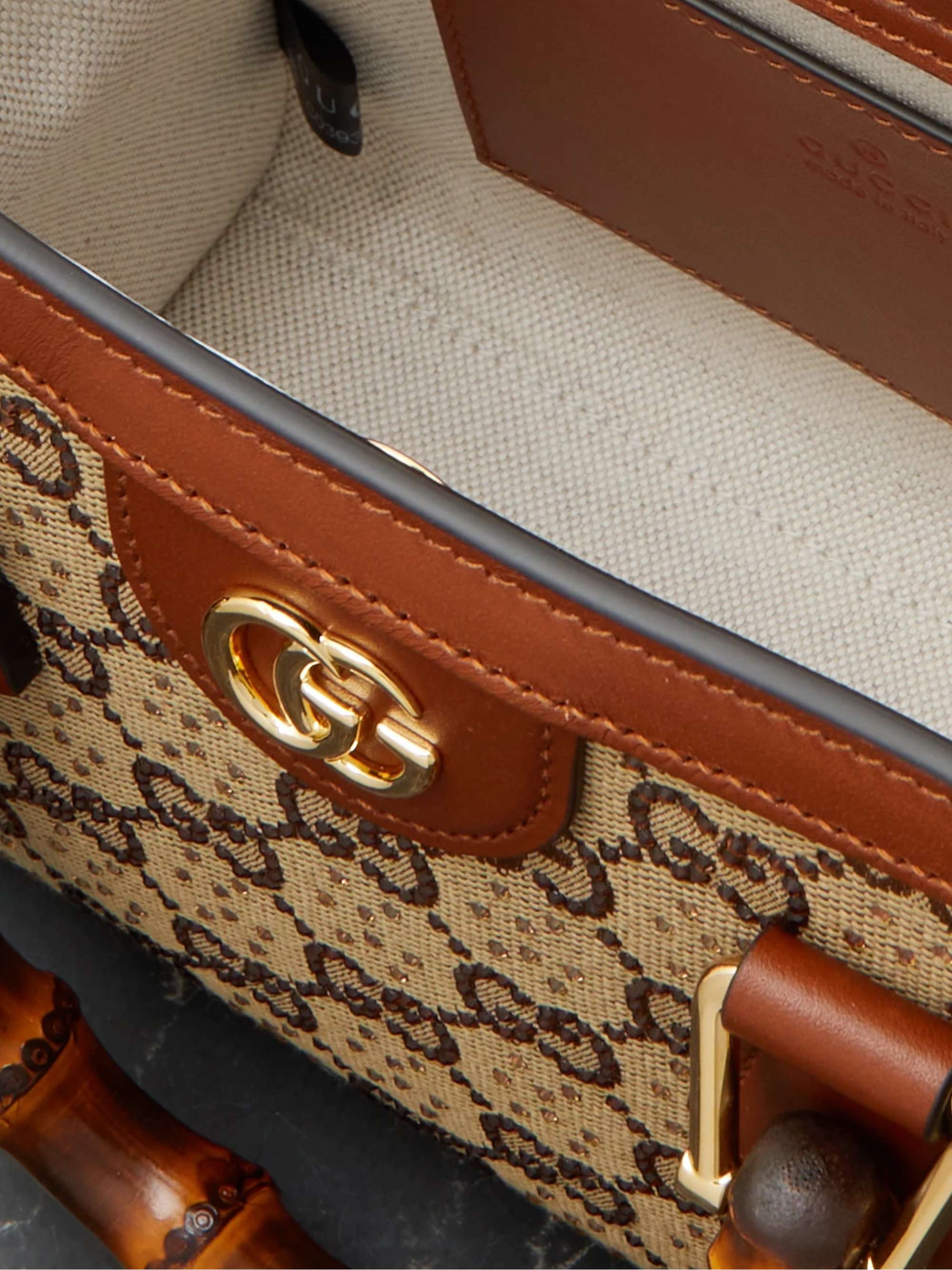 GUCCI Diana mini leather-trimmed crystal-embellished canvas-jacquard tote