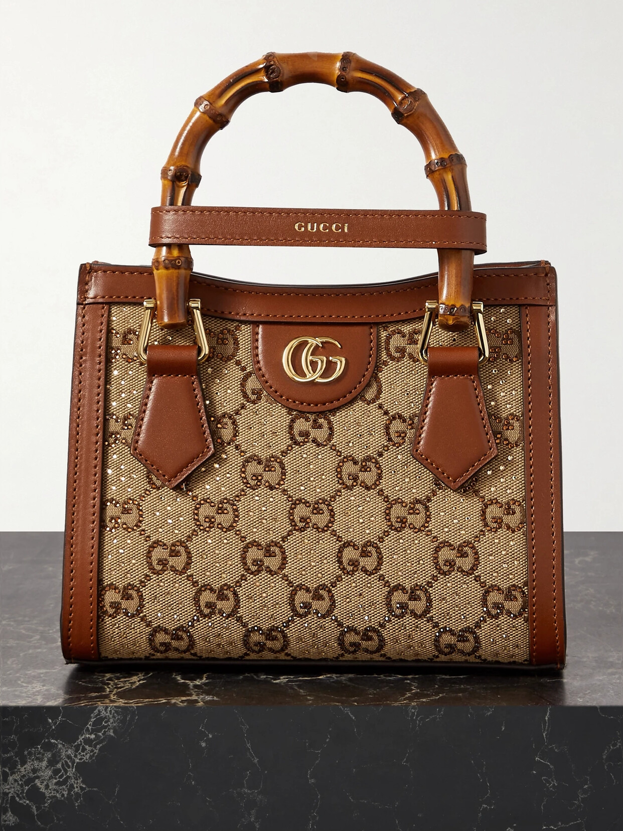Gucci - Diana Mini Leather-trimmed Crystal-embellished Canvas-jacquard Tote - Brown