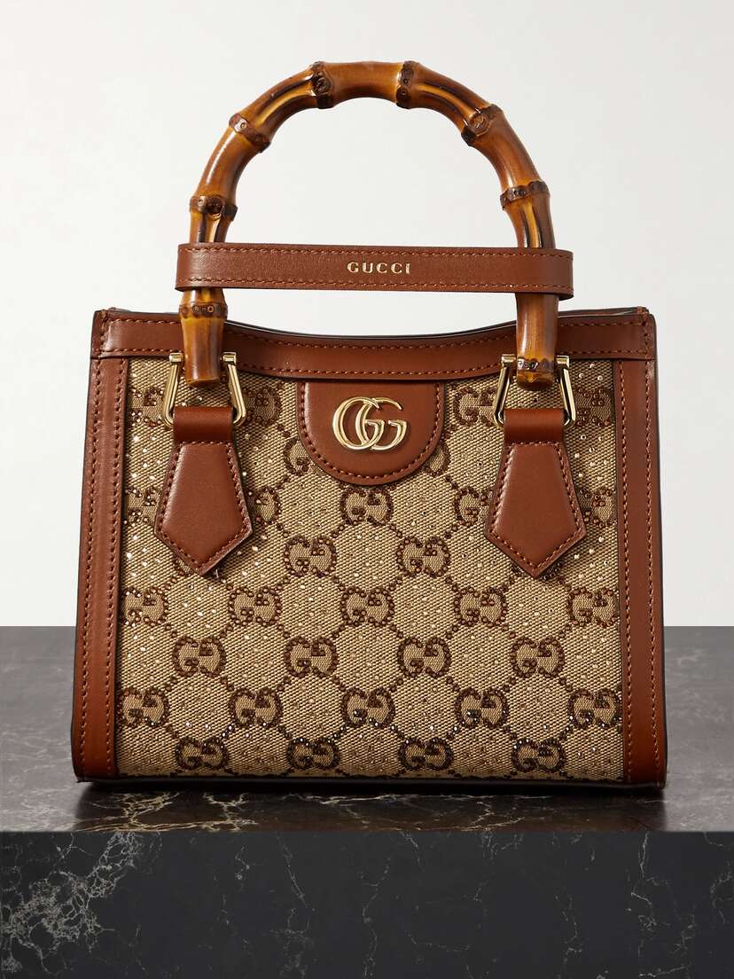 Gucci Diana Mini Leather-trimmed Crystal-embellished Canvas-jacquard Tote