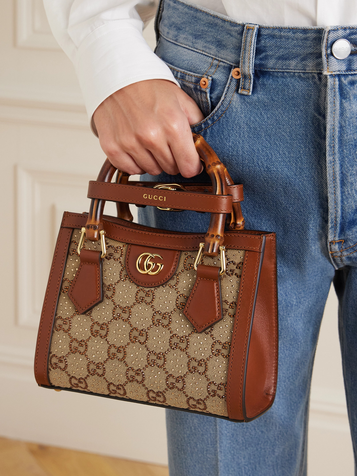 Diana Mini Leather-Trimmed Crystal-Embellished Canvas-Jacquard Tote