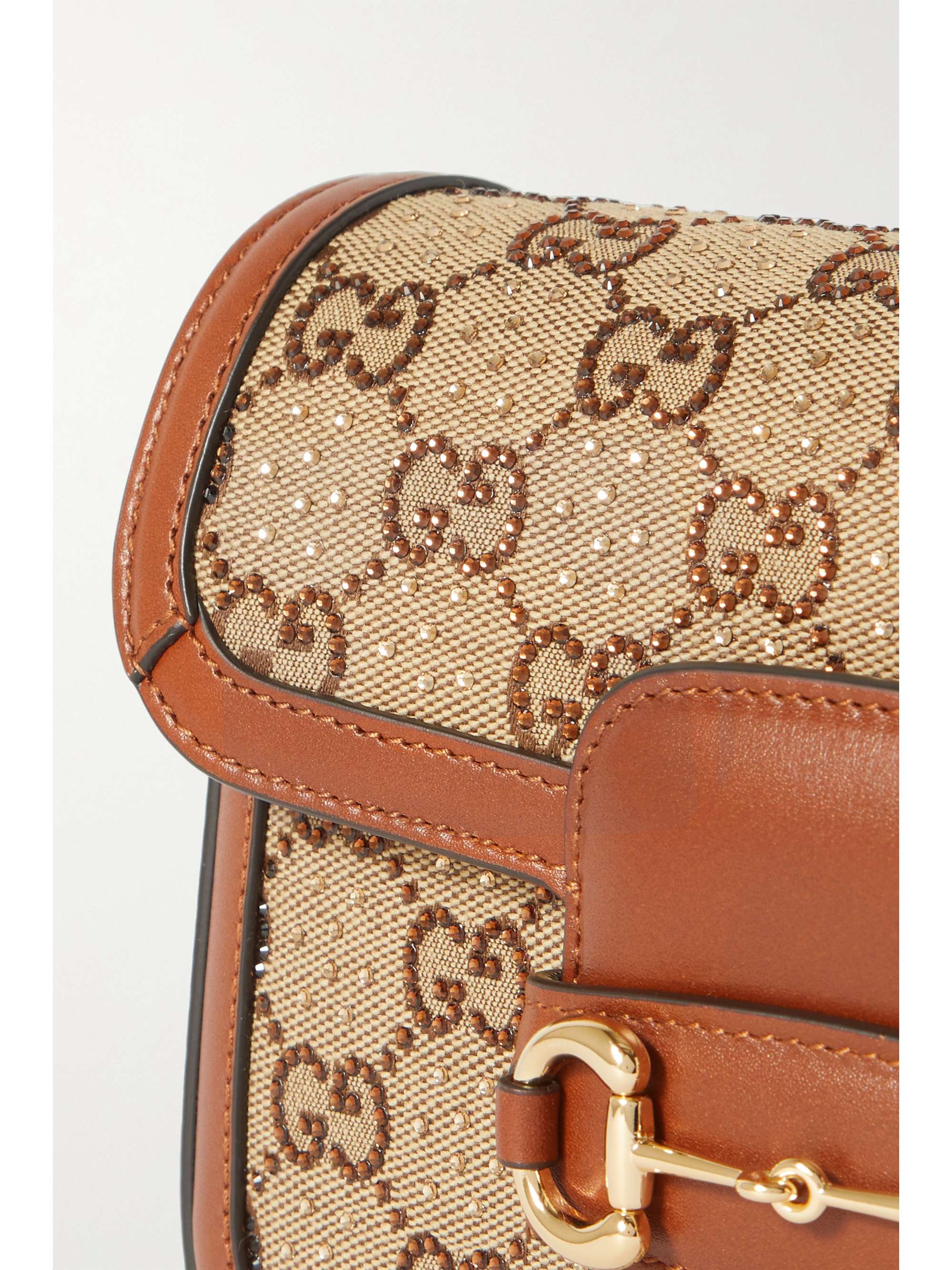 GUCCI Horsebit 1955 mini leather-trimmed crystal-embellished canvas-jacquard shoulder bag