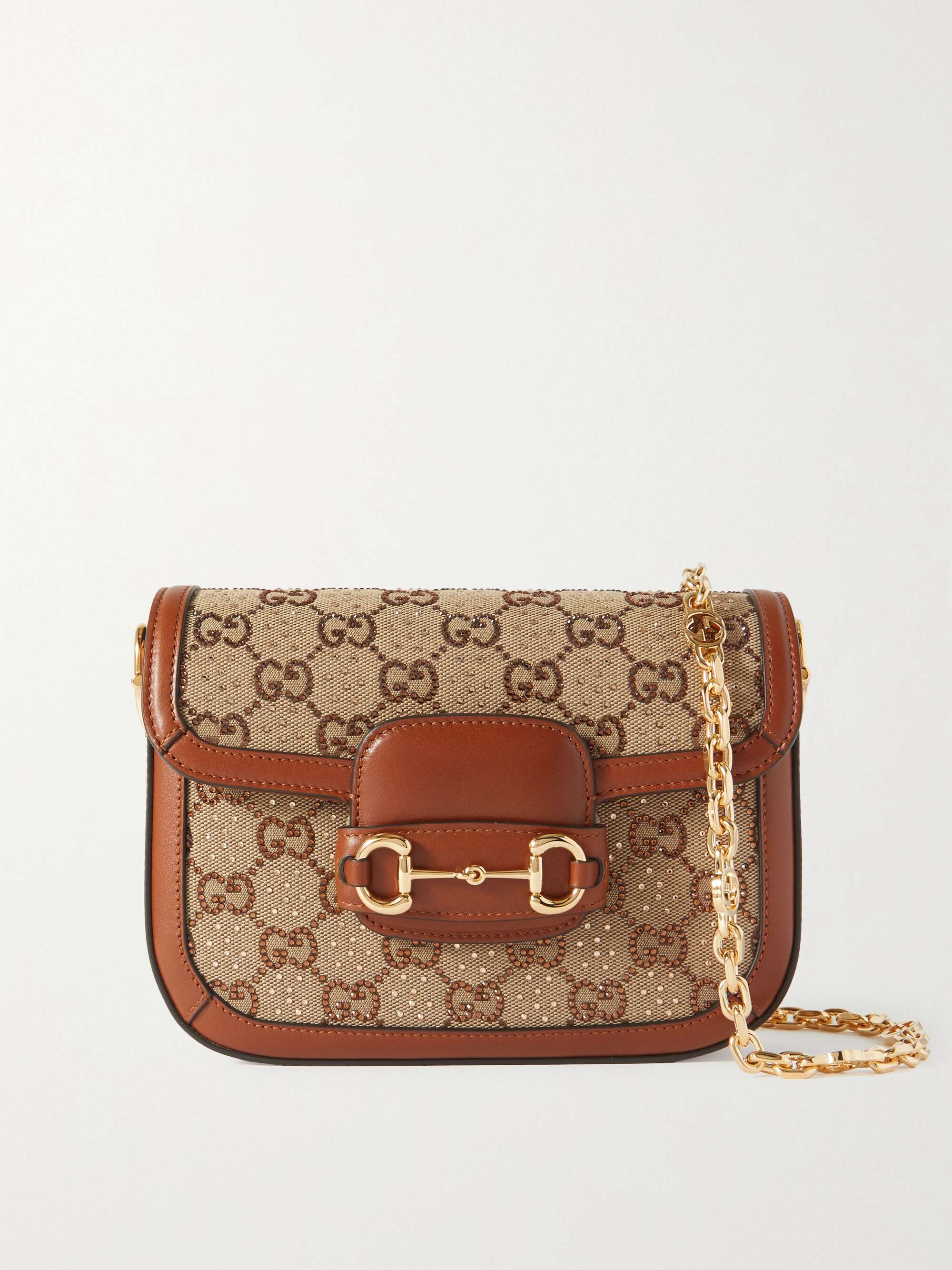 GUCCI Horsebit 1955 mini leather-trimmed crystal-embellished canvas ...