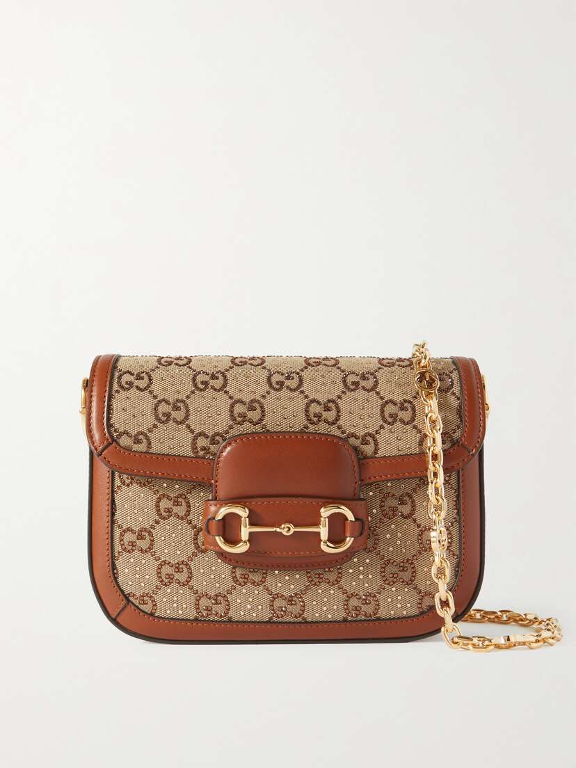 Gucci Horsebit 1955 Mini Leather-trimmed Crystal-embellished Canvas-jacquard Shoulder Bag