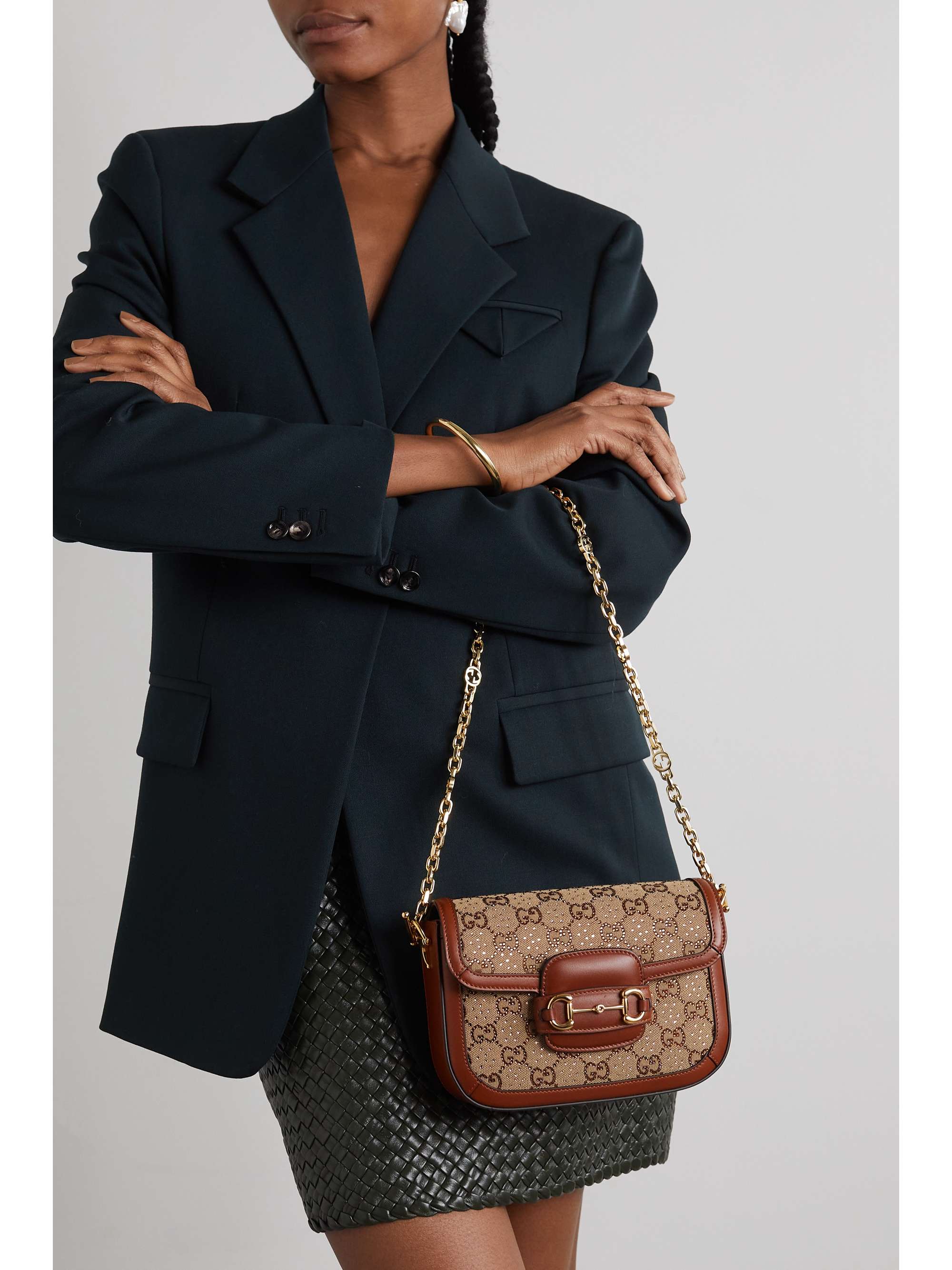 GUCCI Horsebit 1955 mini leather-trimmed crystal-embellished canvas-jacquard shoulder bag