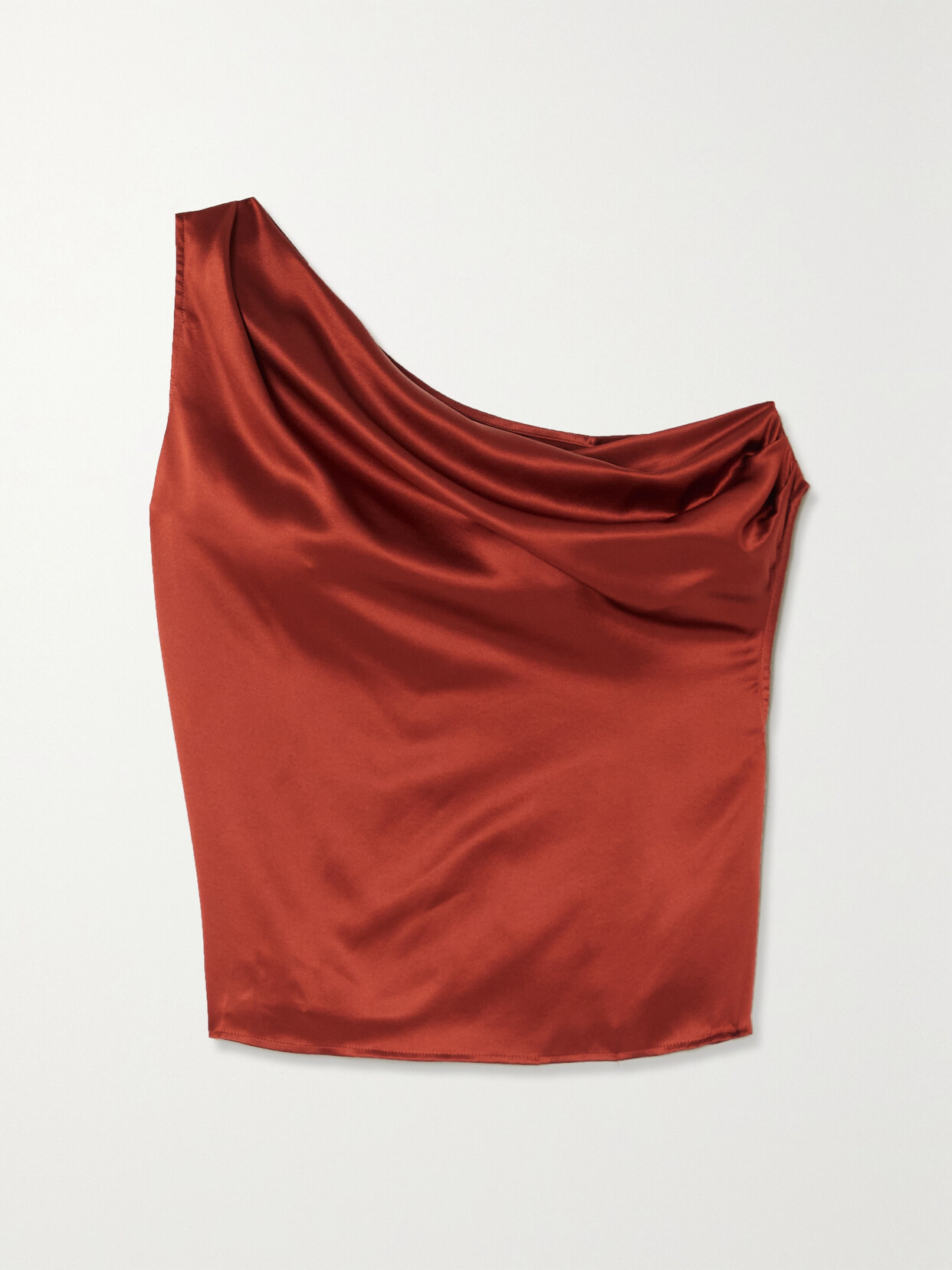 Reformation Annika Off-the-shoulder Draped Silk-charmeuse Top In Oxide