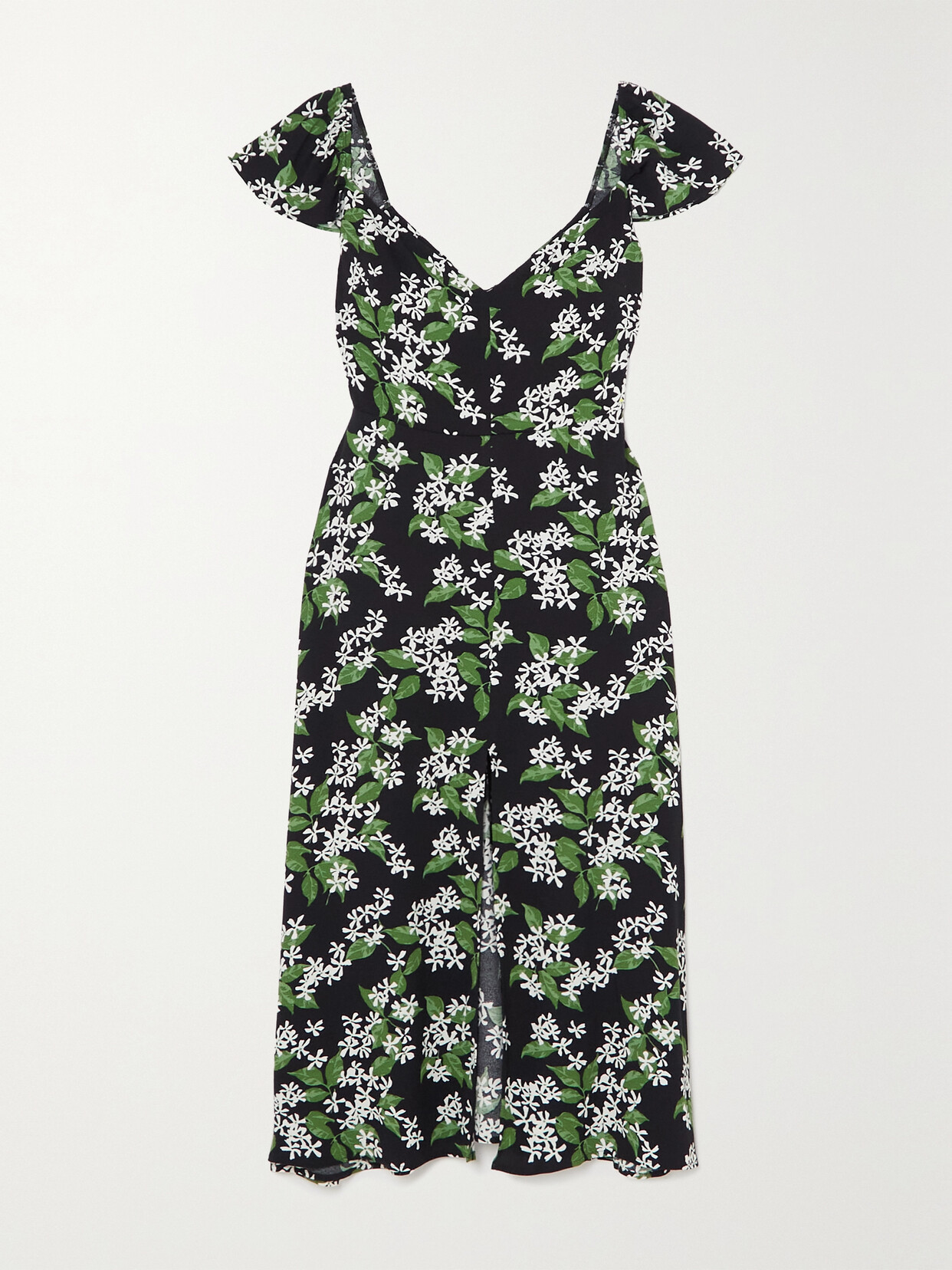 Reformation Baxley Floral-print Crepe De Chine Midi Dress In Black