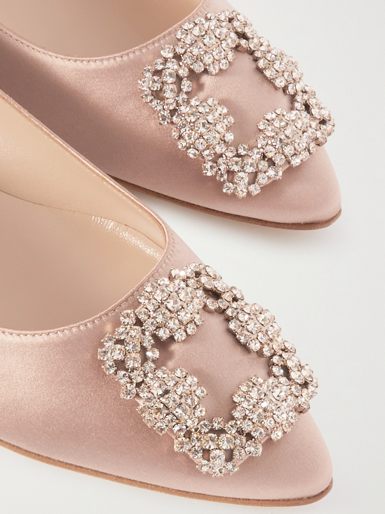 Manolo Blahnik Hangisi Crystal-embellished Satin Point-toe Flats In Neutrals