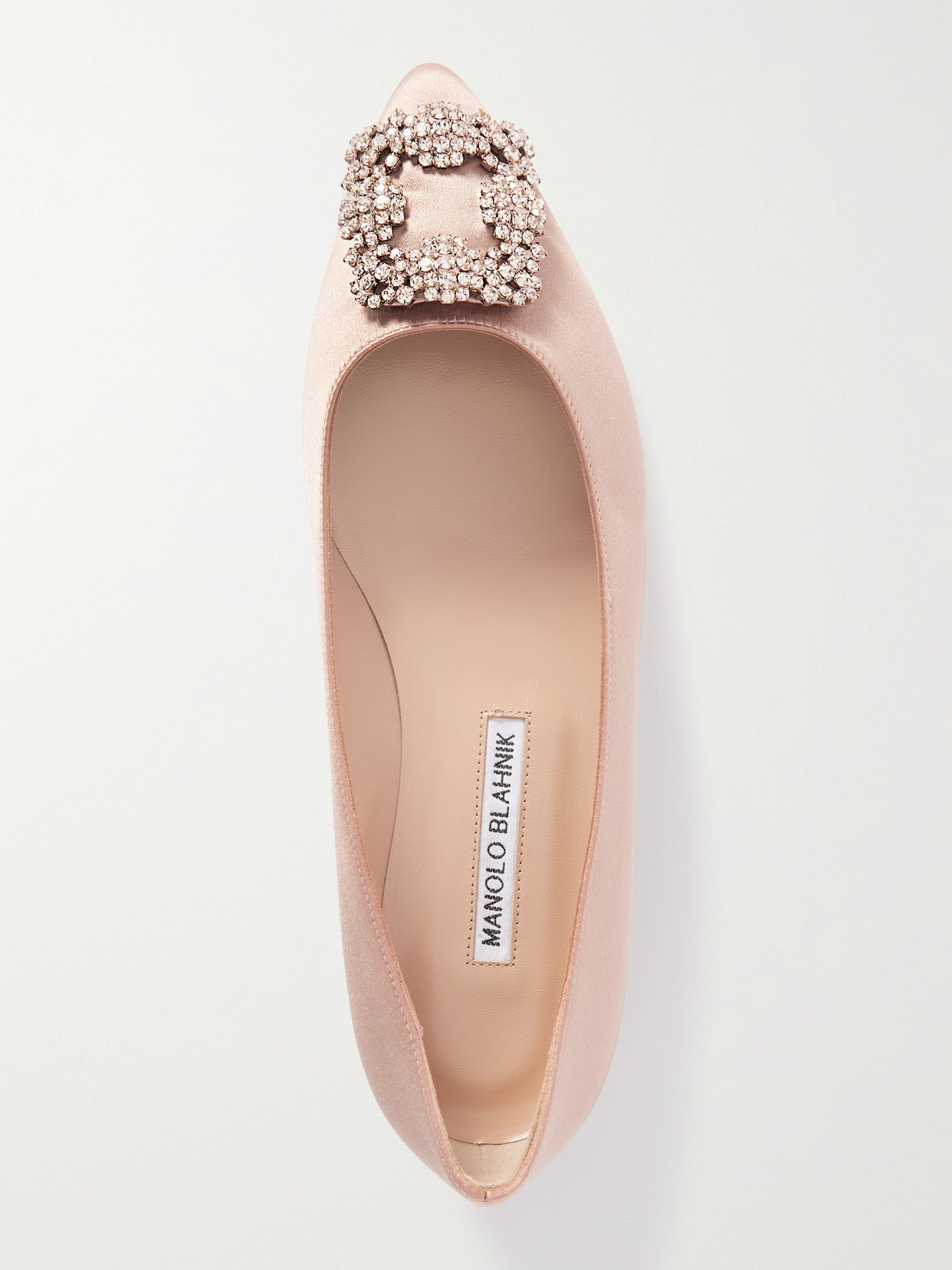 Manolo Blahnik Hangisi Crystal-embellished Satin Point-toe Flats In Neutrals