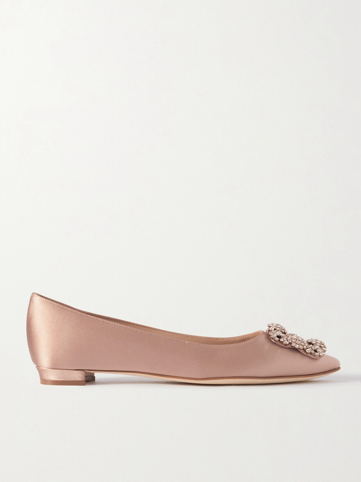 Manolo Blahnik Hangisi Crystal-embellished Satin Point-toe Flats In Neutrals