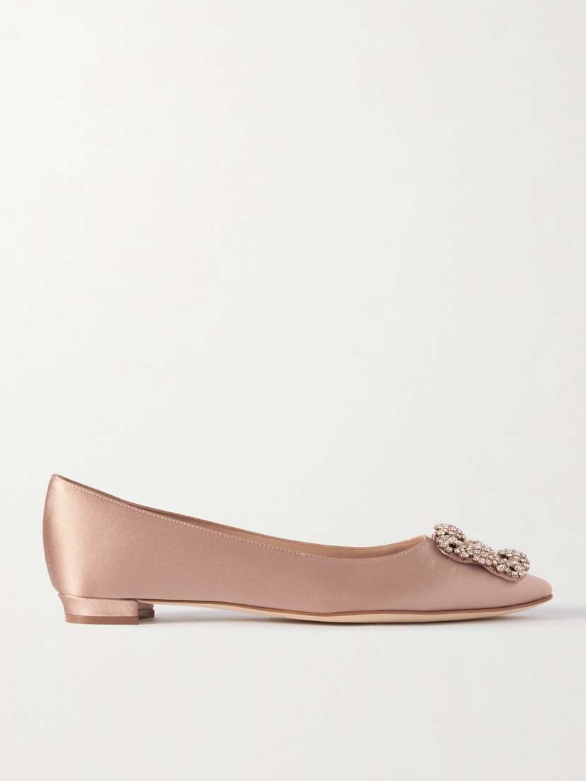 Manolo Blahnik Hangisi Crystal-embellished Satin Point-toe Flats