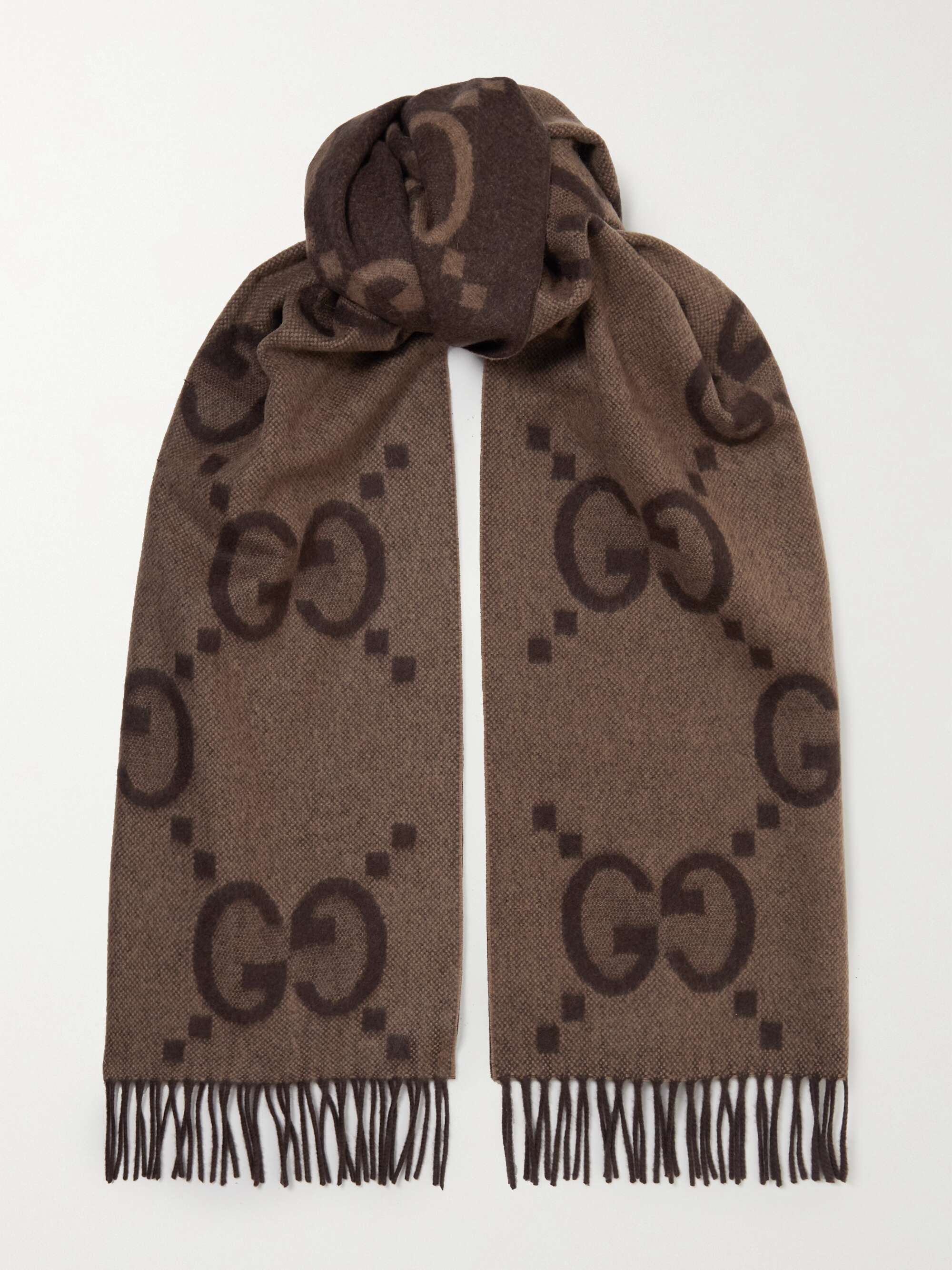 GG jacquard pattern knit scarf with tassels in grey and black