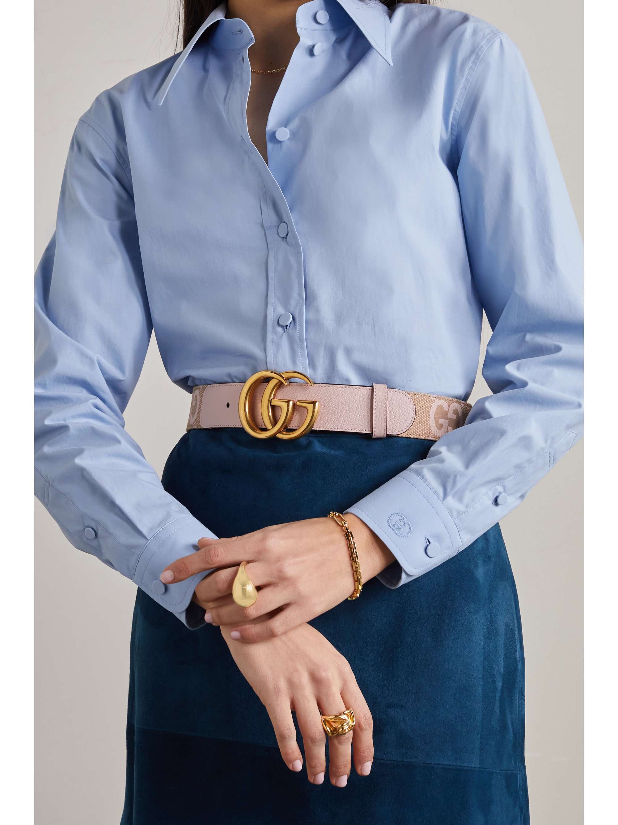 GUCCI Textured-leather trimmed canvas-jacquard belt