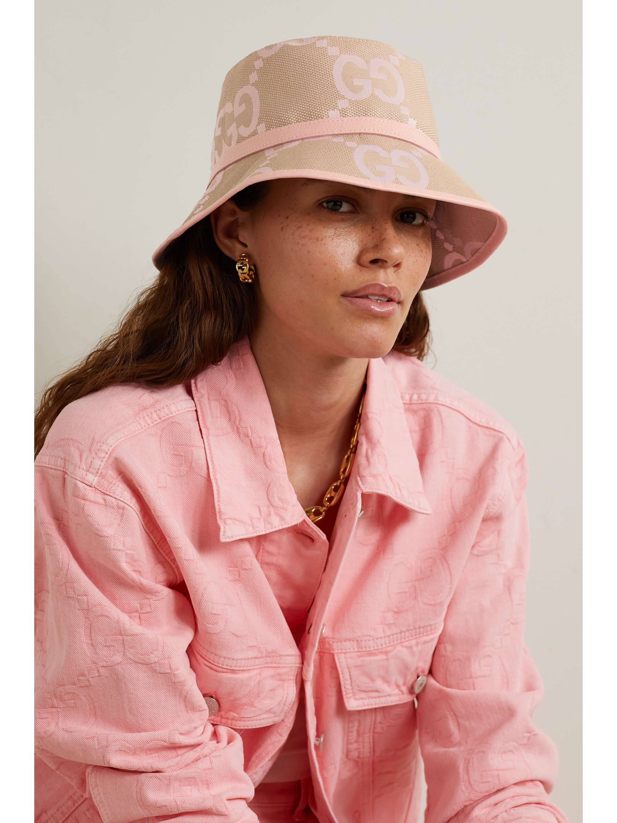 GUCCI Leather-trimmed canvas-jacquard bucket hat