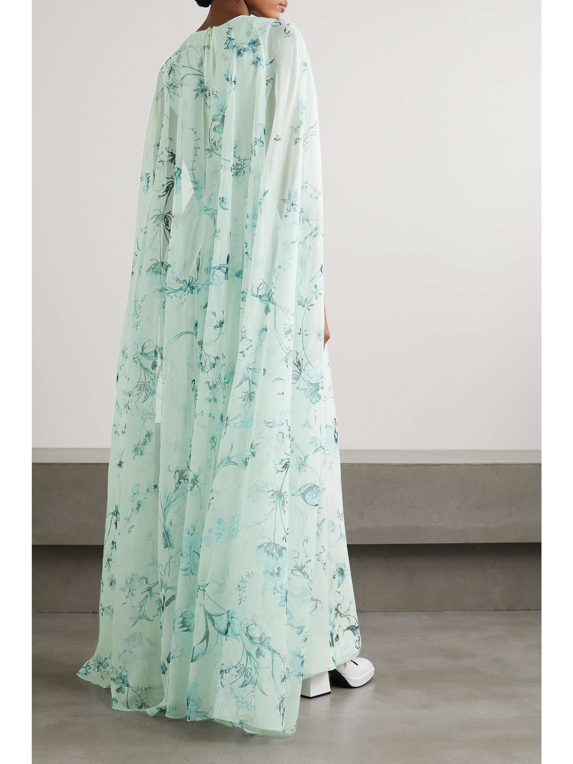 ERDEM Kenley cape-effect tie-detailed floral-print silk-voile gown