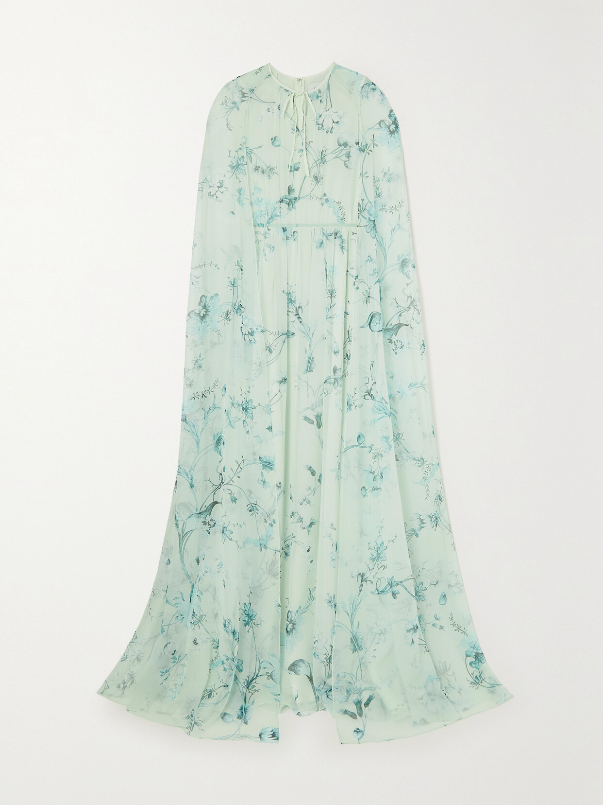 Erdem Kenley Cape-effect Tie-detailed Floral-print Silk-voile Gown In Blue